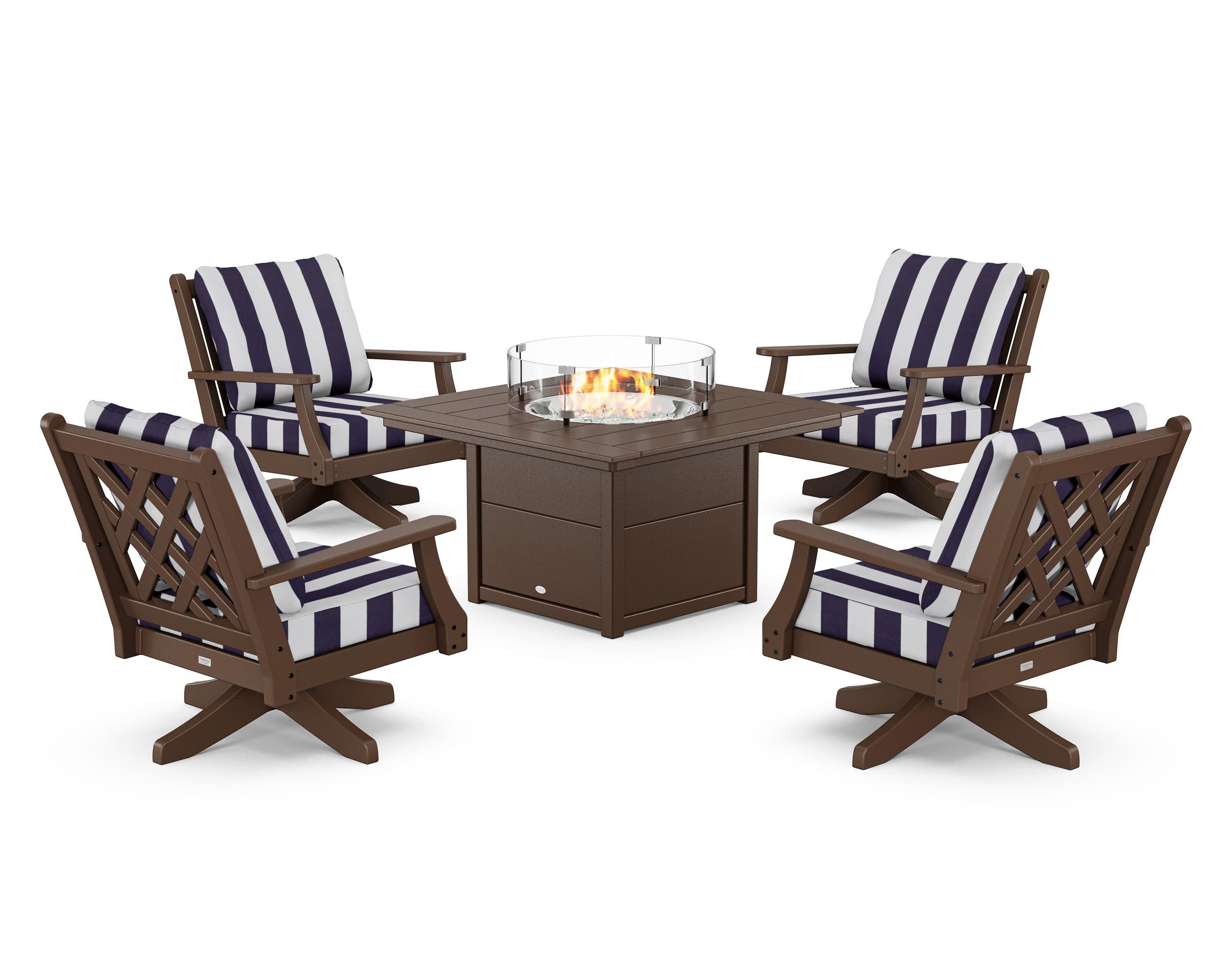 Wovendale 5-Piece Deep Seating Swivel Conversation Set with Fire Pit Table in Mahogany / Cabana Stripe Navy