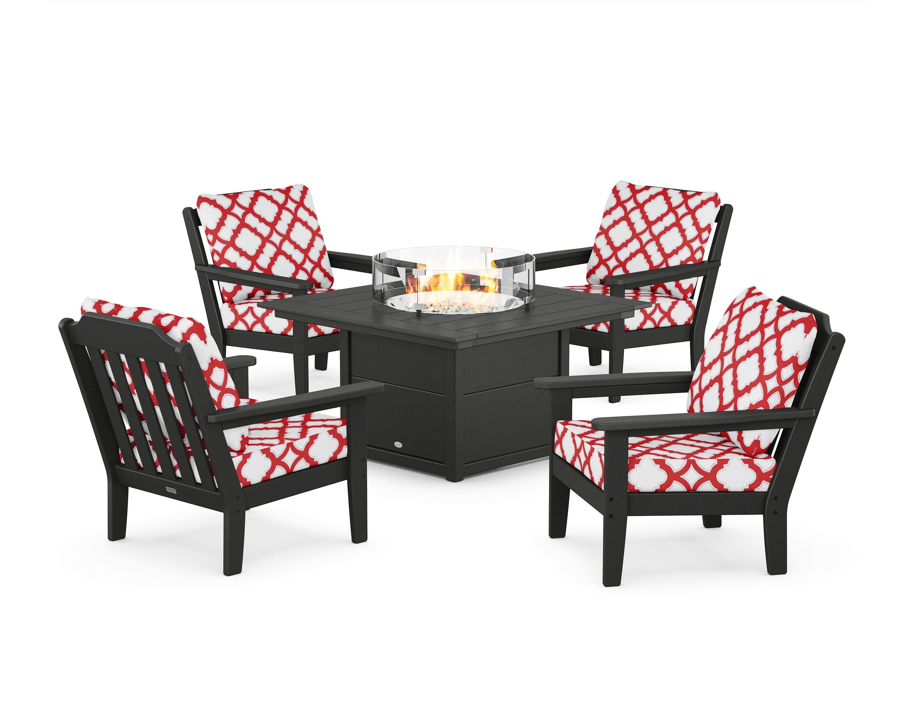 Cottage 5-Piece Deep Seating Set with Fire Pit Table in Black / Trellis Crimson