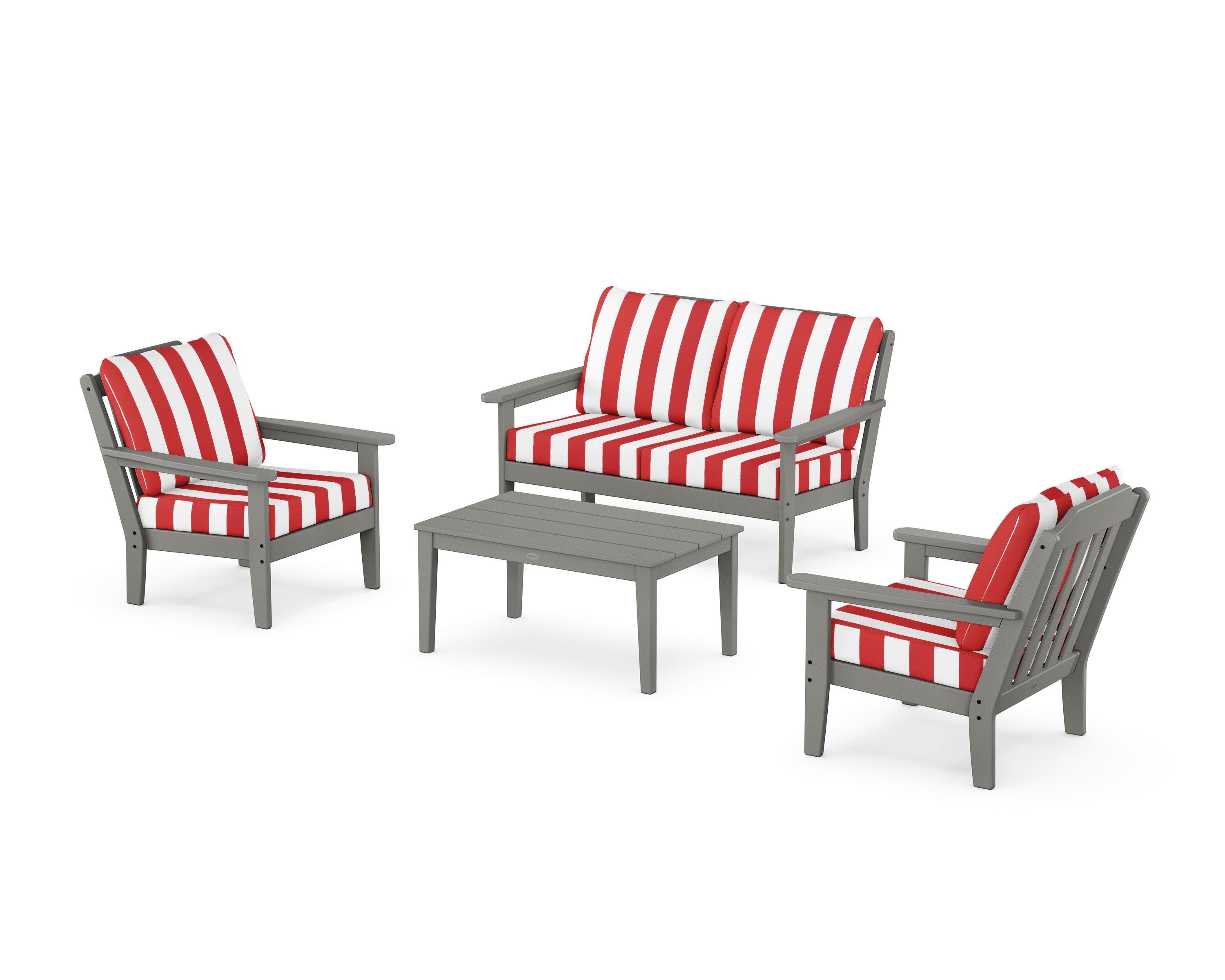 Cottage 4-Piece Deep Seating Set with Loveseat in Slate Grey / Cabana Stripe Crimson