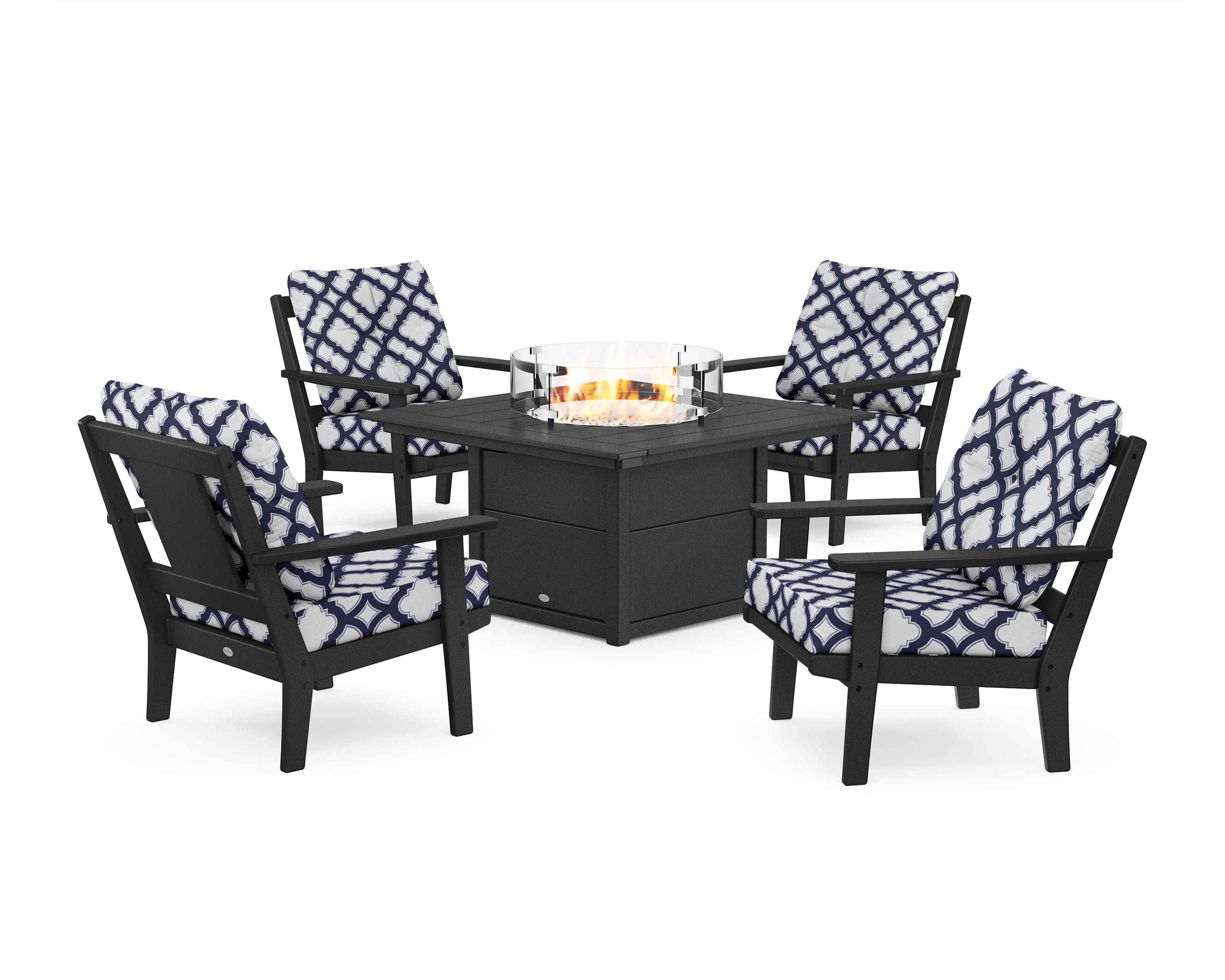 Prairie 5-Piece Deep Seating Set with Fire Pit Table in Black / Trellis Navy