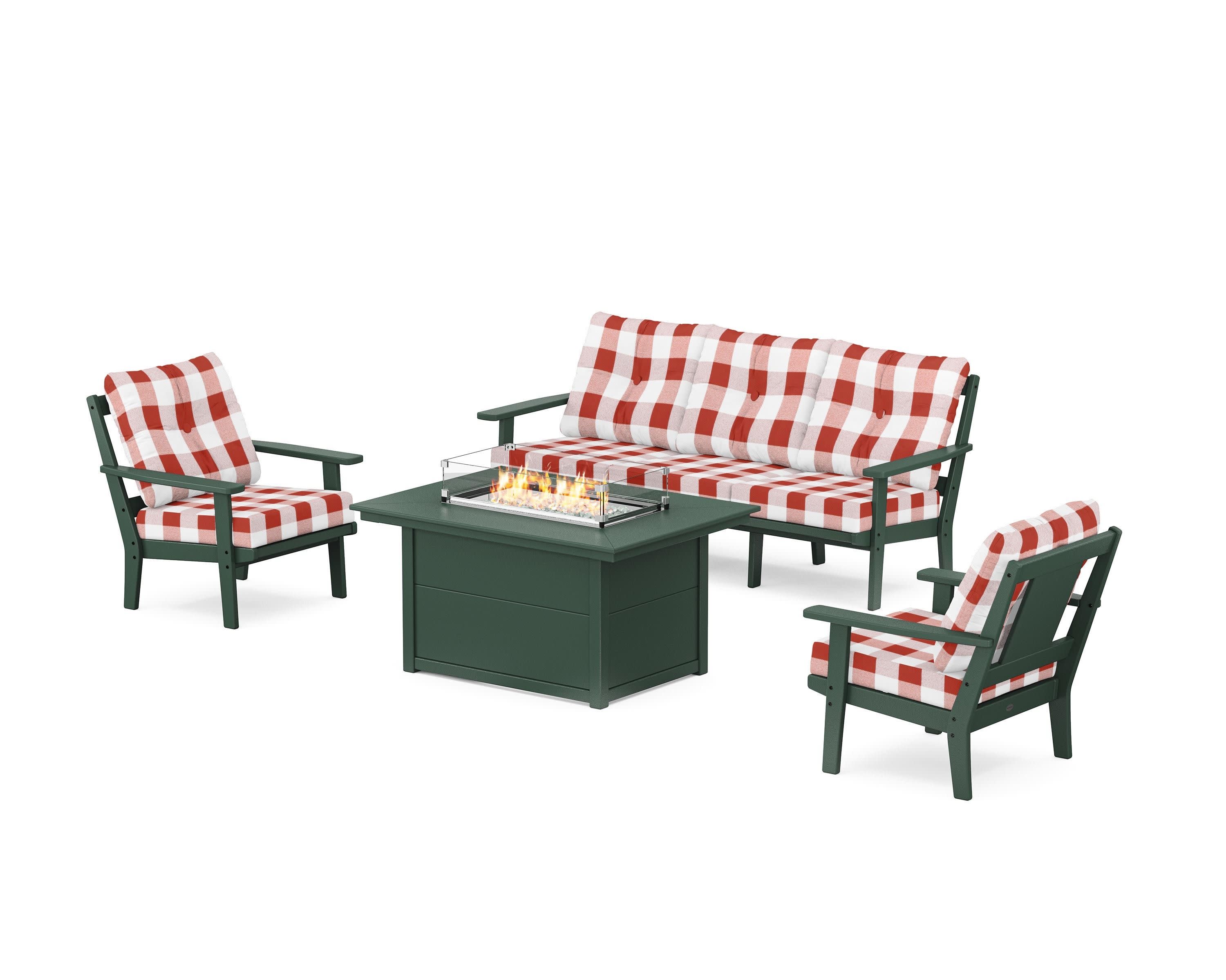 Prairie Deep Seating Fire Pit Table Set in Green / Buffalo Plaid Crimson