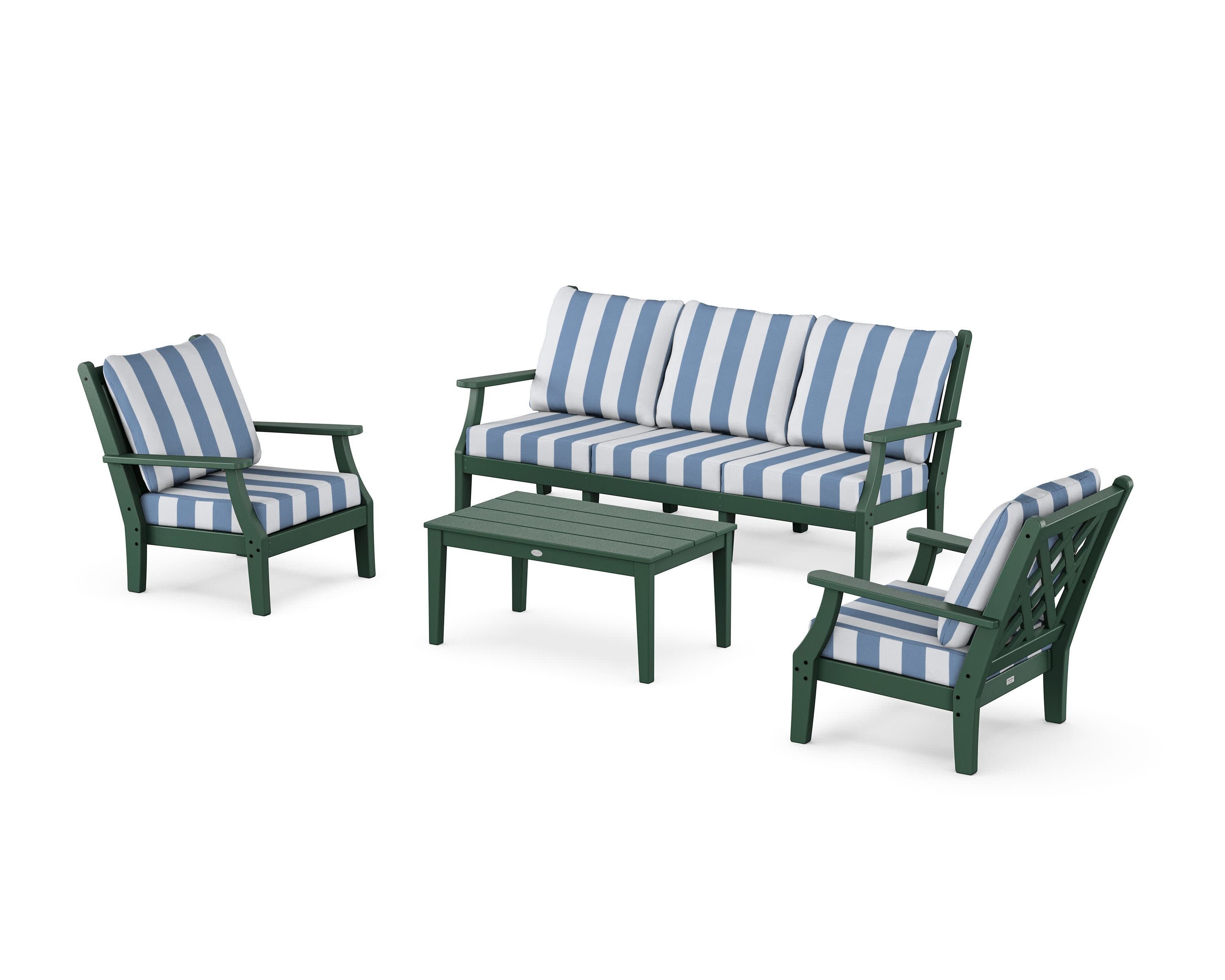 Wovendale 4-Piece Deep Seating Set with Sofa in Green / Cabana Stripe Sky Blue