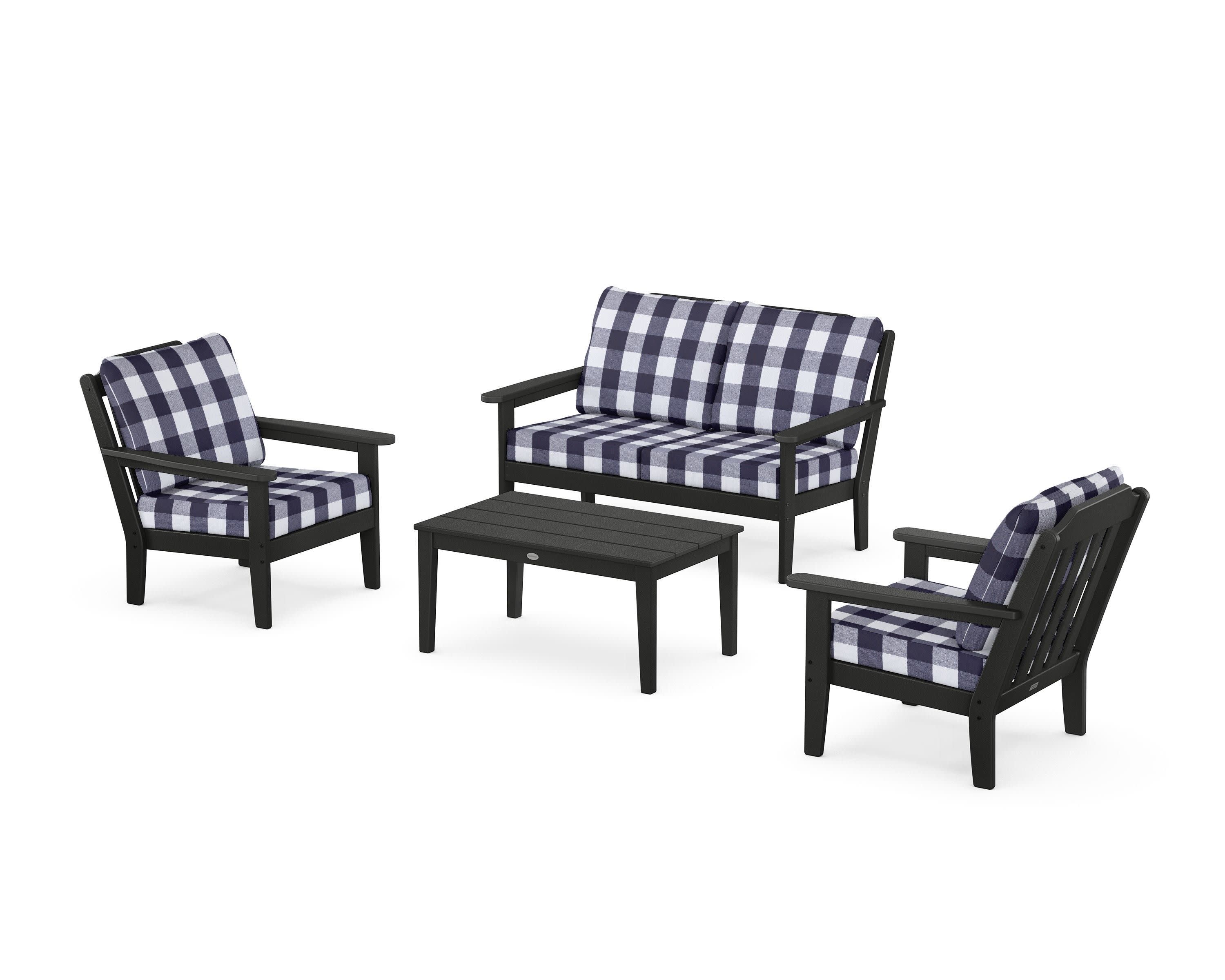 Cottage 4-Piece Deep Seating Set with Loveseat in Black / Buffalo Plaid Navy