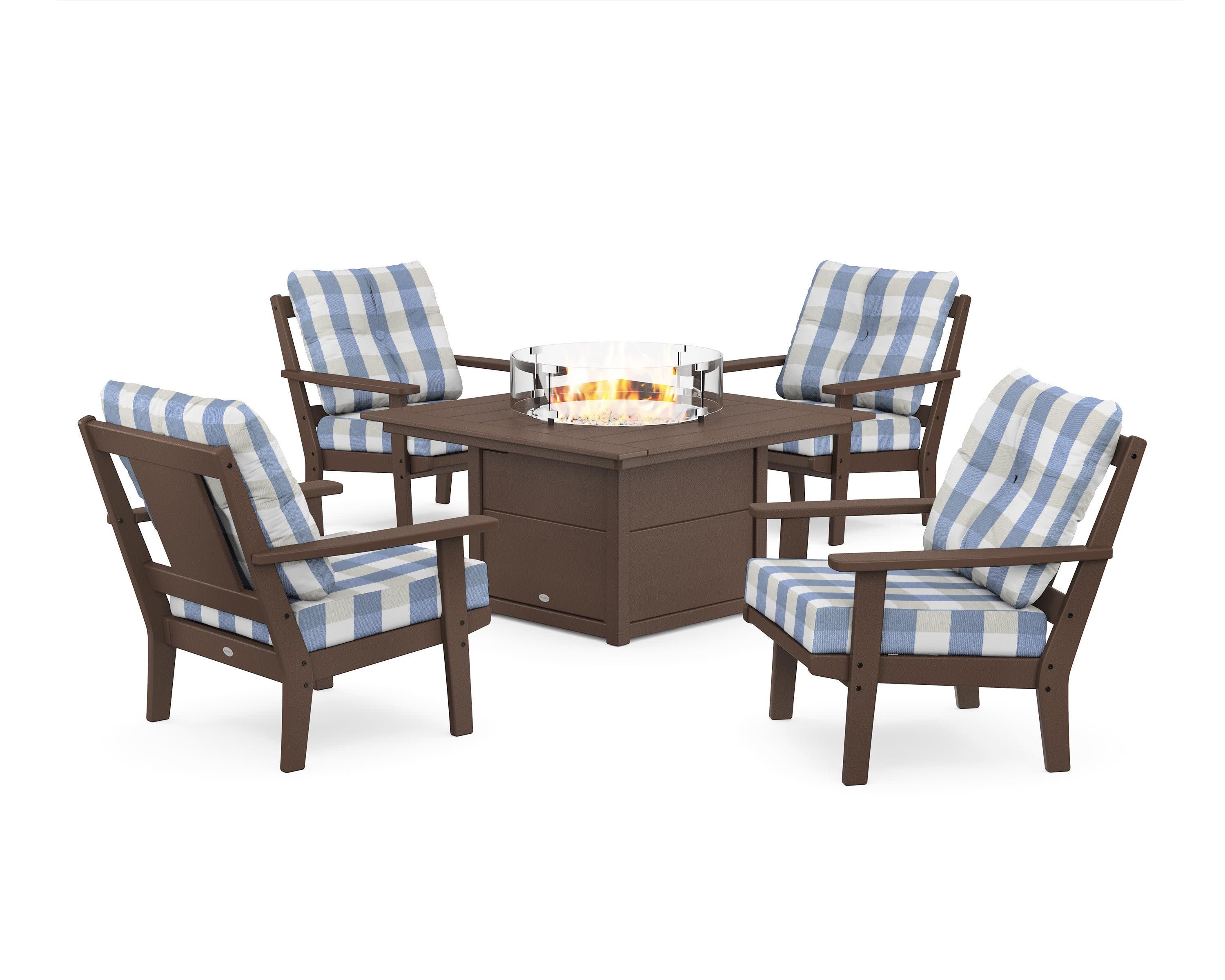 Prairie 5-Piece Deep Seating Set with Fire Pit Table in Mahogany / Buffalo Plaid Sky Blue