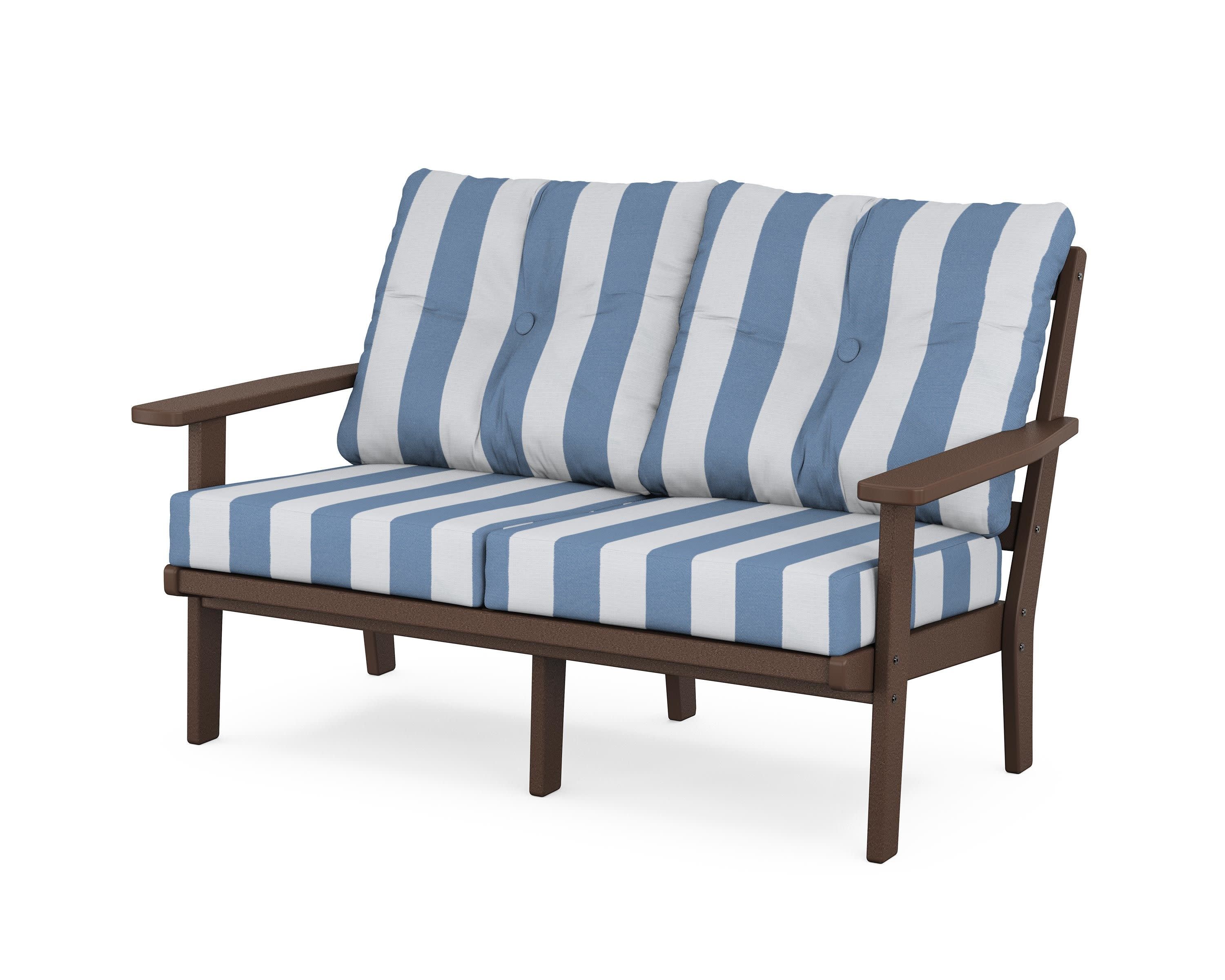 Prairie Deep SeatingLoveseat in Mahogany / Cabana Stripe Sky Blue