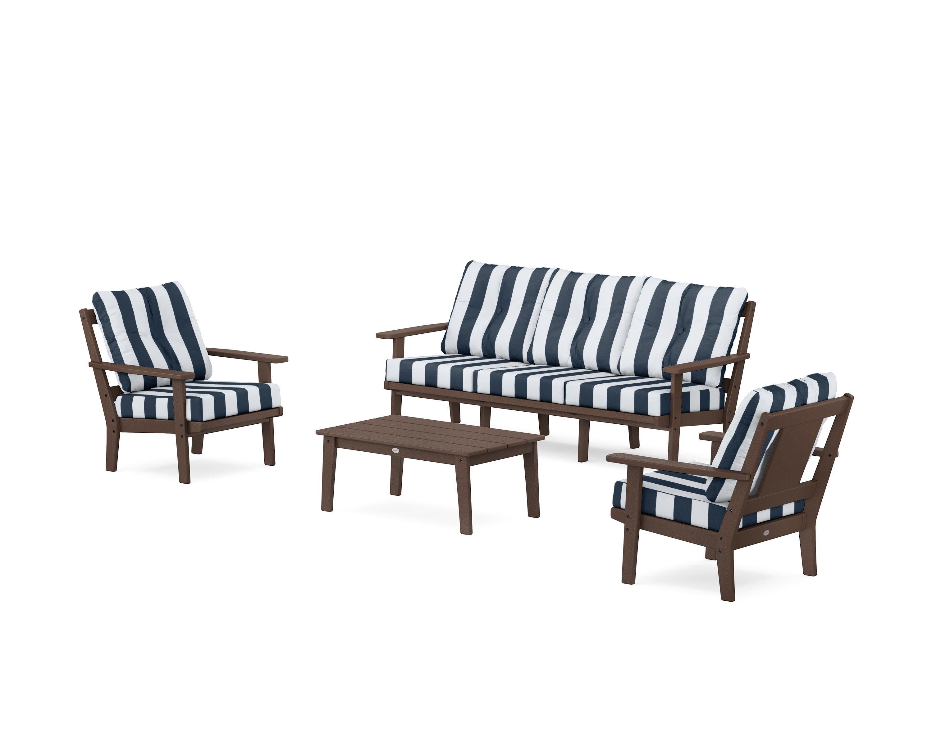Prairie 4-Piece Deep Seating Set with Sofa in Mahogany / Cabana Stripe Marine Indigo
