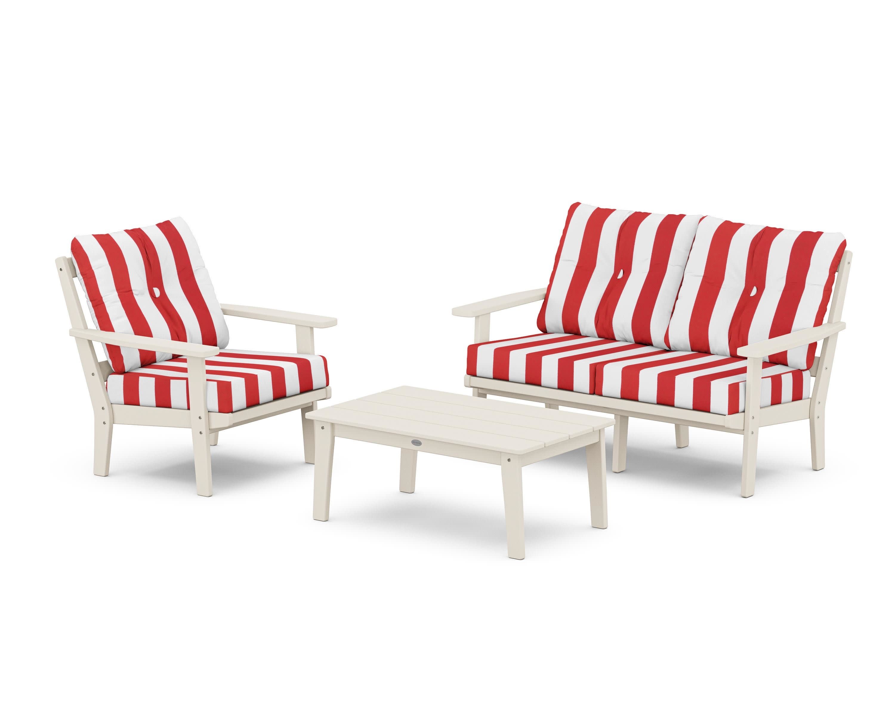 Prairie 3-Piece Deep Seating Set with Loveseat in Sand / Cabana Stripe Crimson