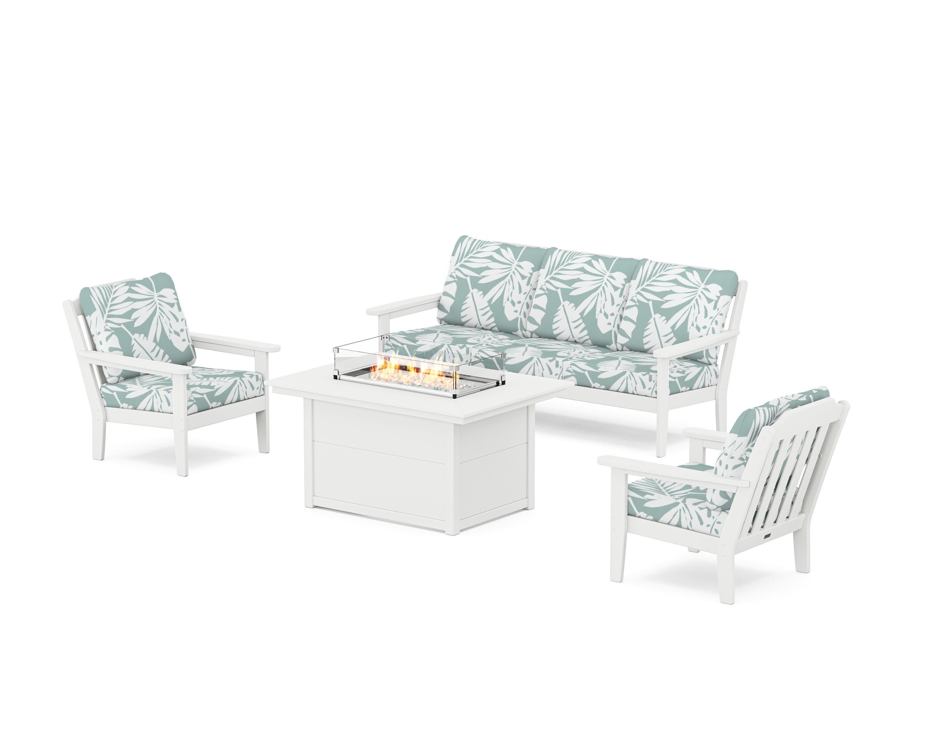 Cottage Deep Seating Fire Pit Table Set in White / Leaf Glacier Spa