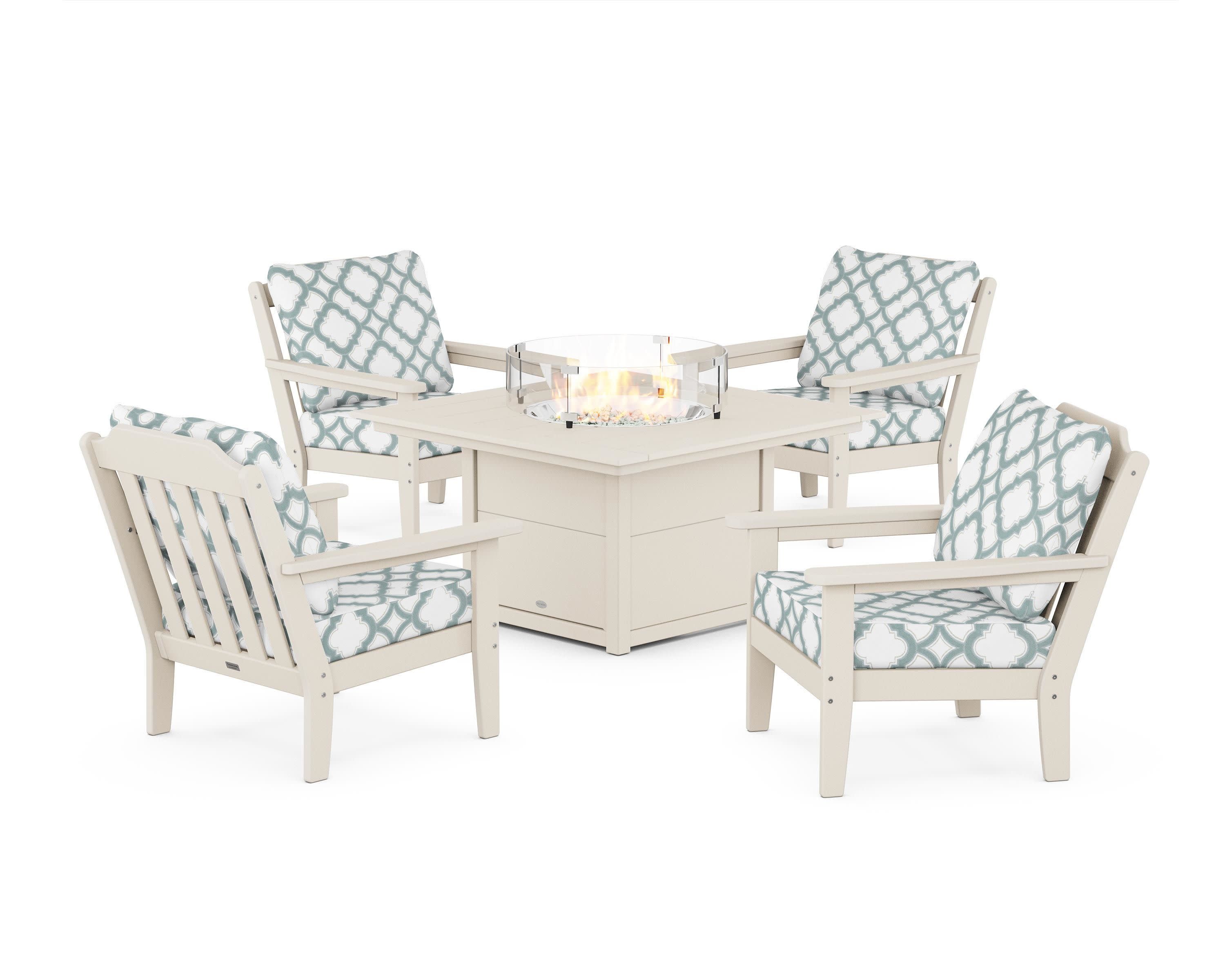 Cottage 5-Piece Deep Seating Set with Fire Pit Table in Sand / Trellis Glacier Spa