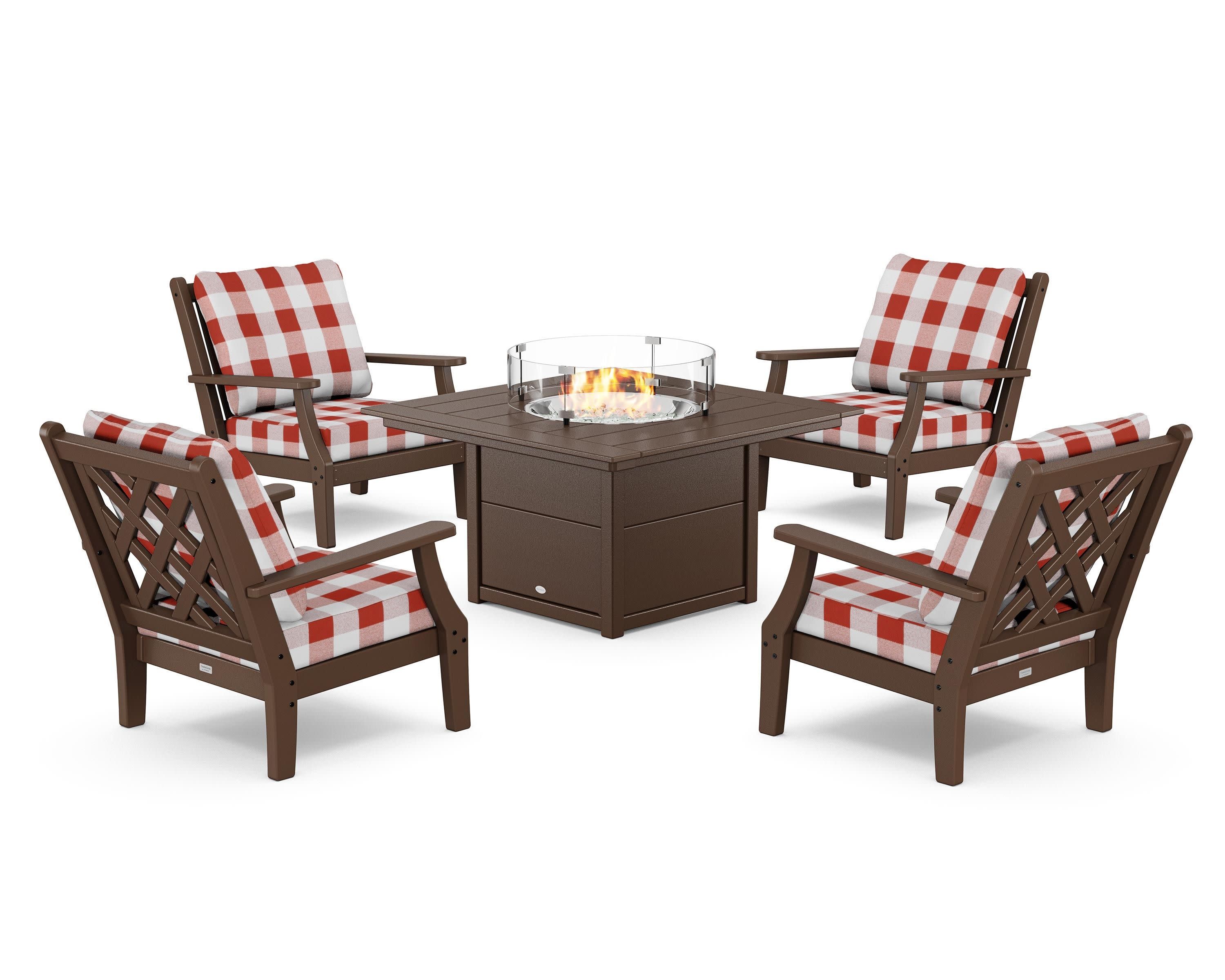 Wovendale 5-Piece Deep Seating Set with Fire Pit Table in Mahogany / Buffalo Plaid Crimson