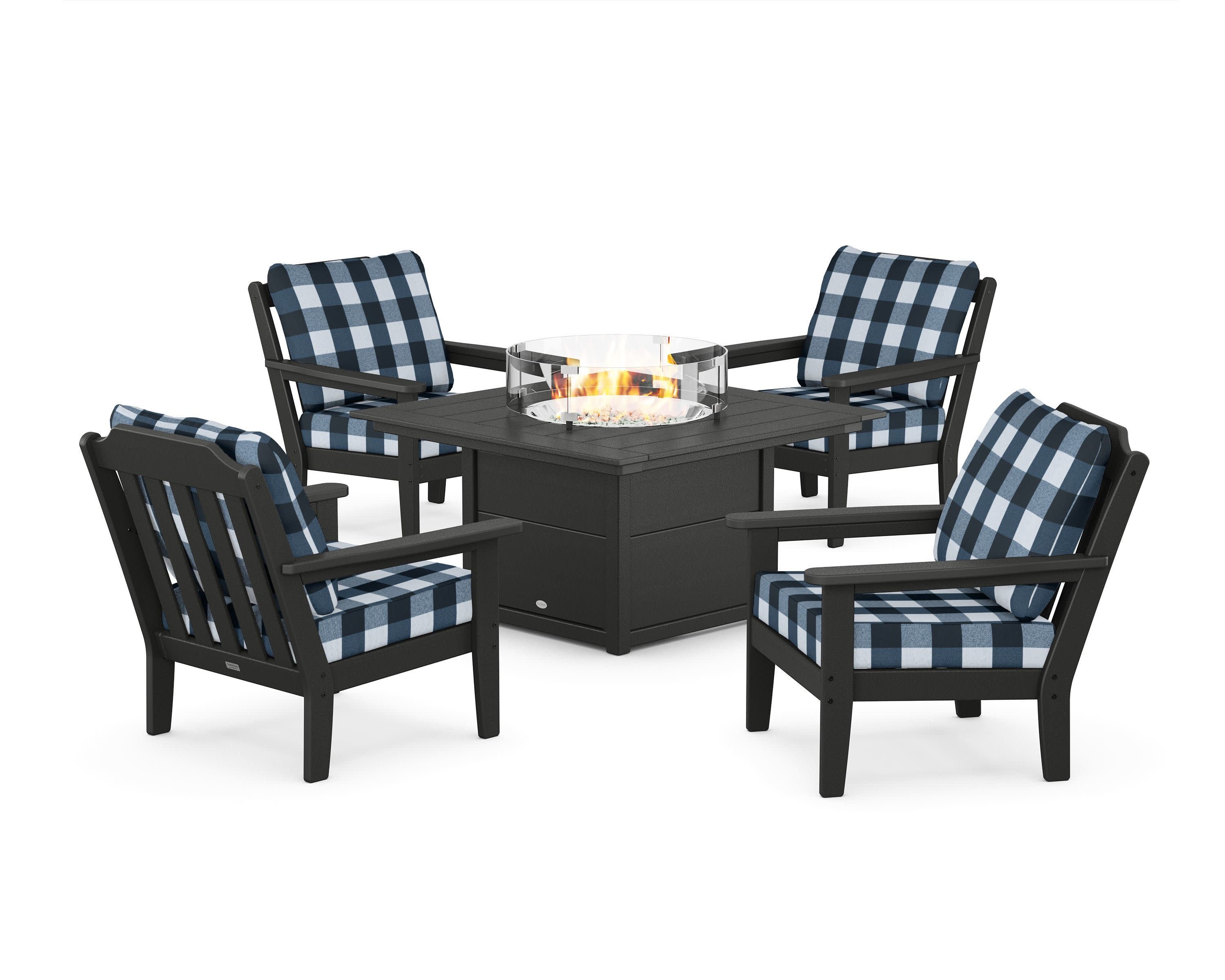 Cottage 5-Piece Deep Seating Set with Fire Pit Table in Black / Buffalo Plaid Marine Indigo