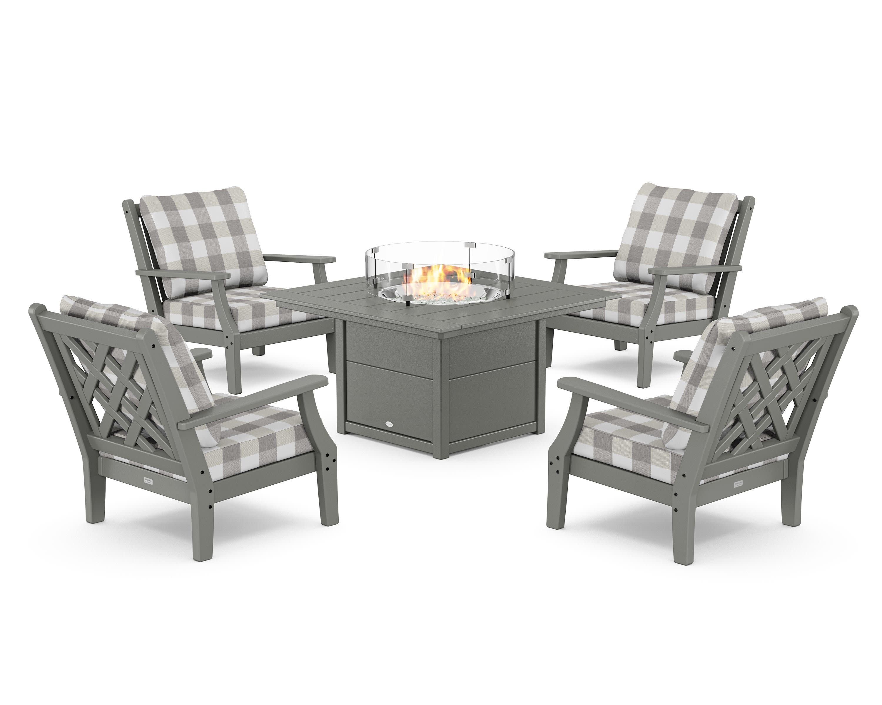 Wovendale 5-Piece Deep Seating Set with Fire Pit Table in Slate Grey / Buffalo Plaid Grey Mist