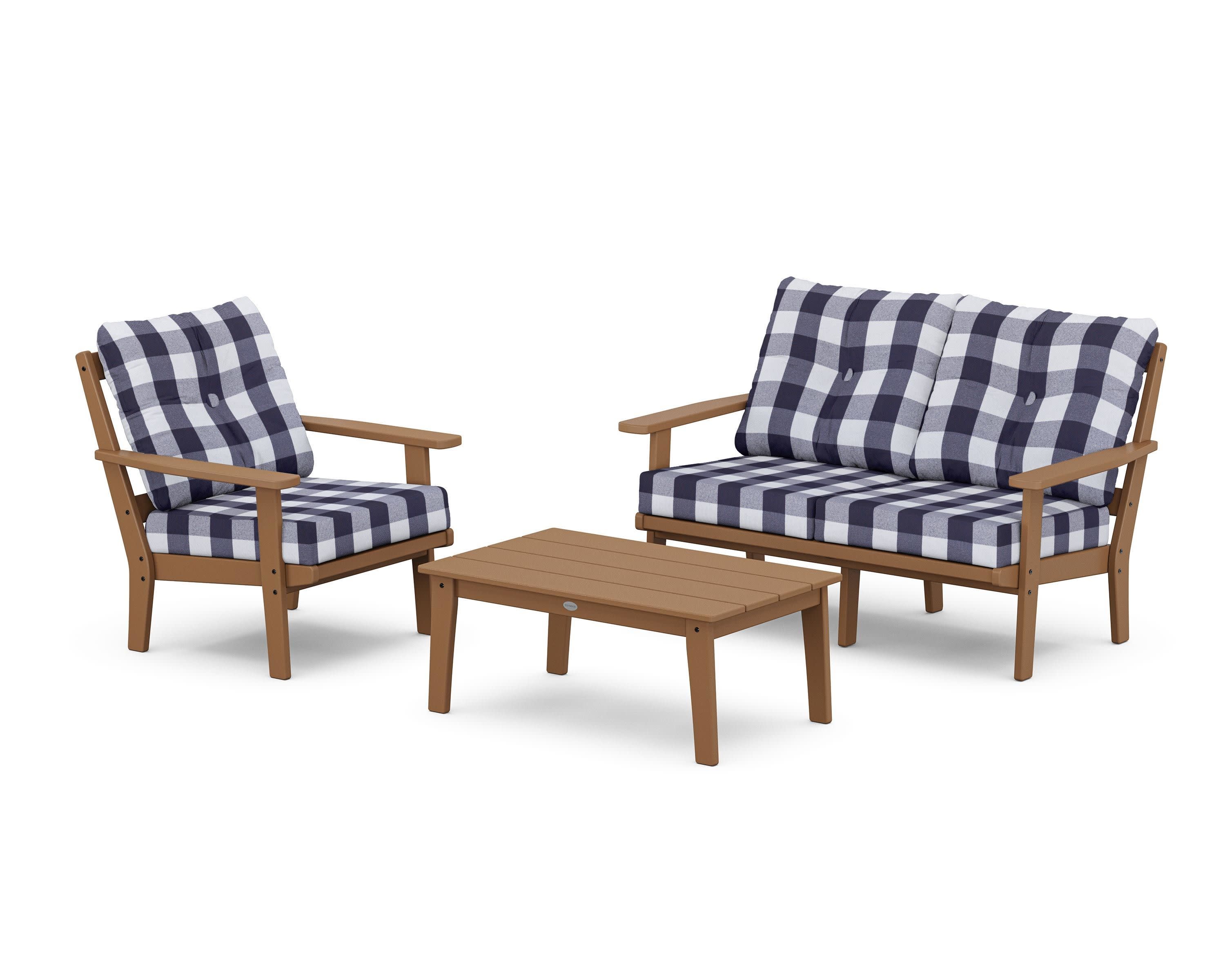 Prairie 3-Piece Deep Seating Set with Loveseat in Teak / Buffalo Plaid Navy