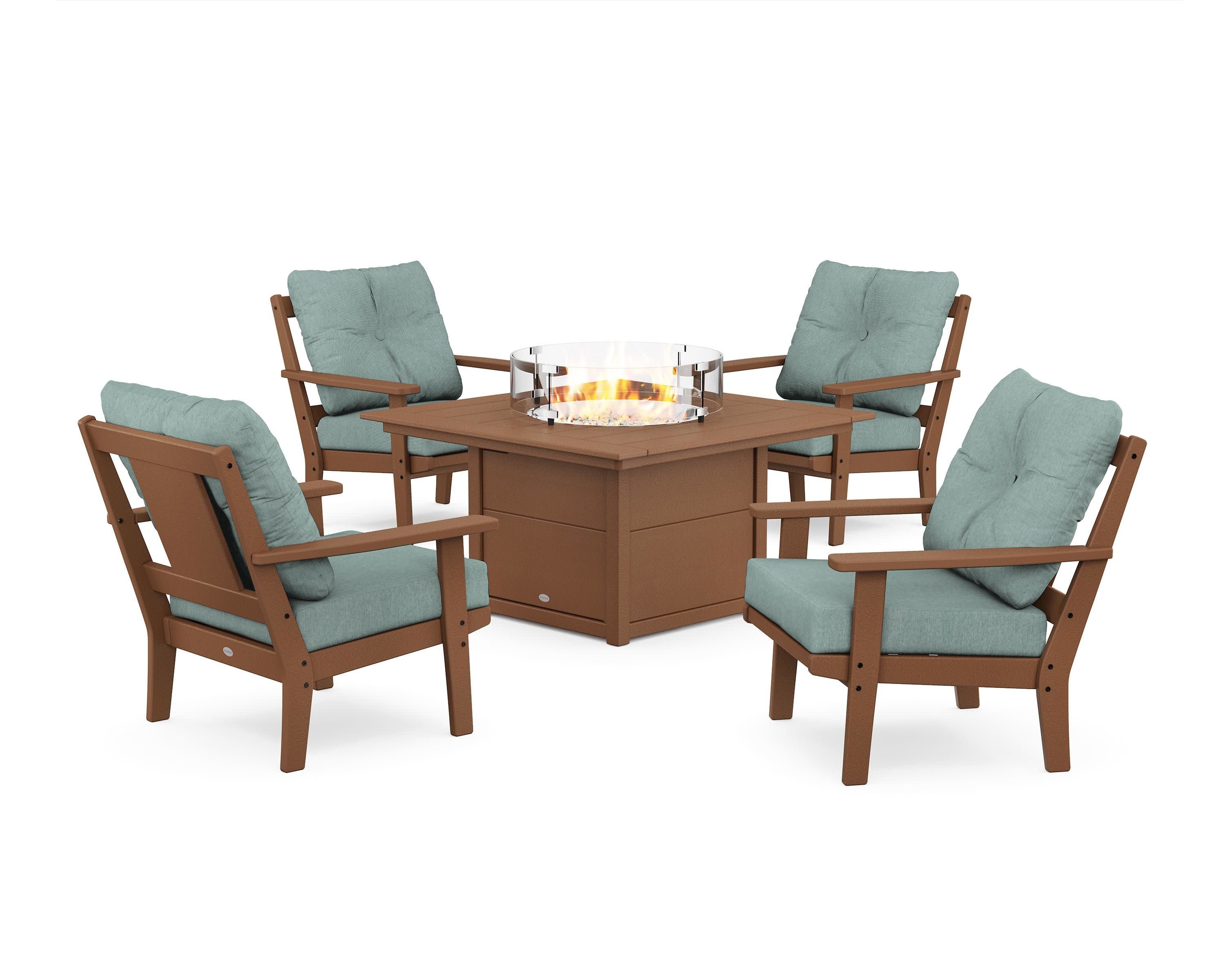 Prairie 5-Piece Deep Seating Set with Fire Pit Table in Teak / Glacier Spa