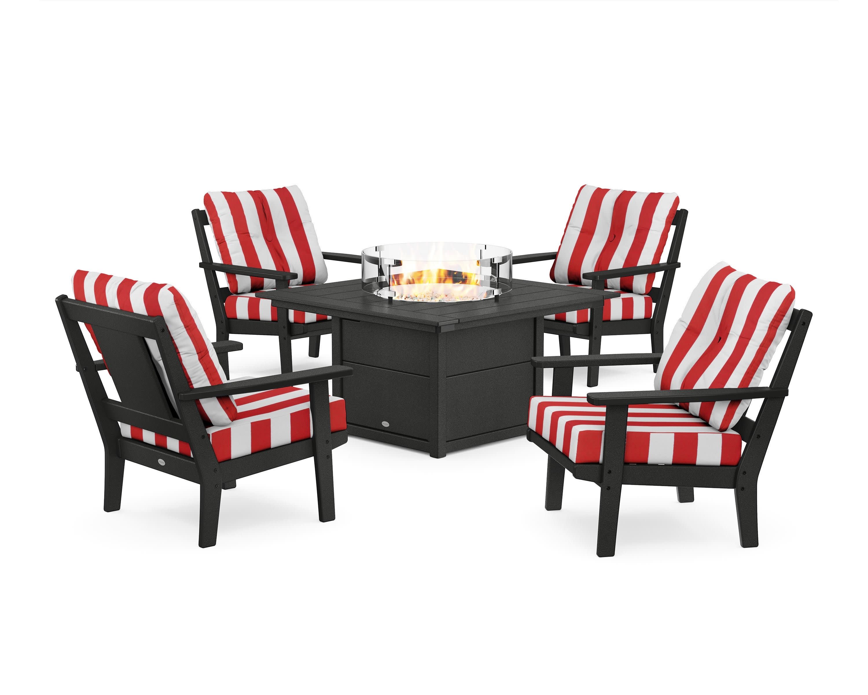 Prairie 5-Piece Deep Seating Set with Fire Pit Table in Black / Cabana Stripe Crimson