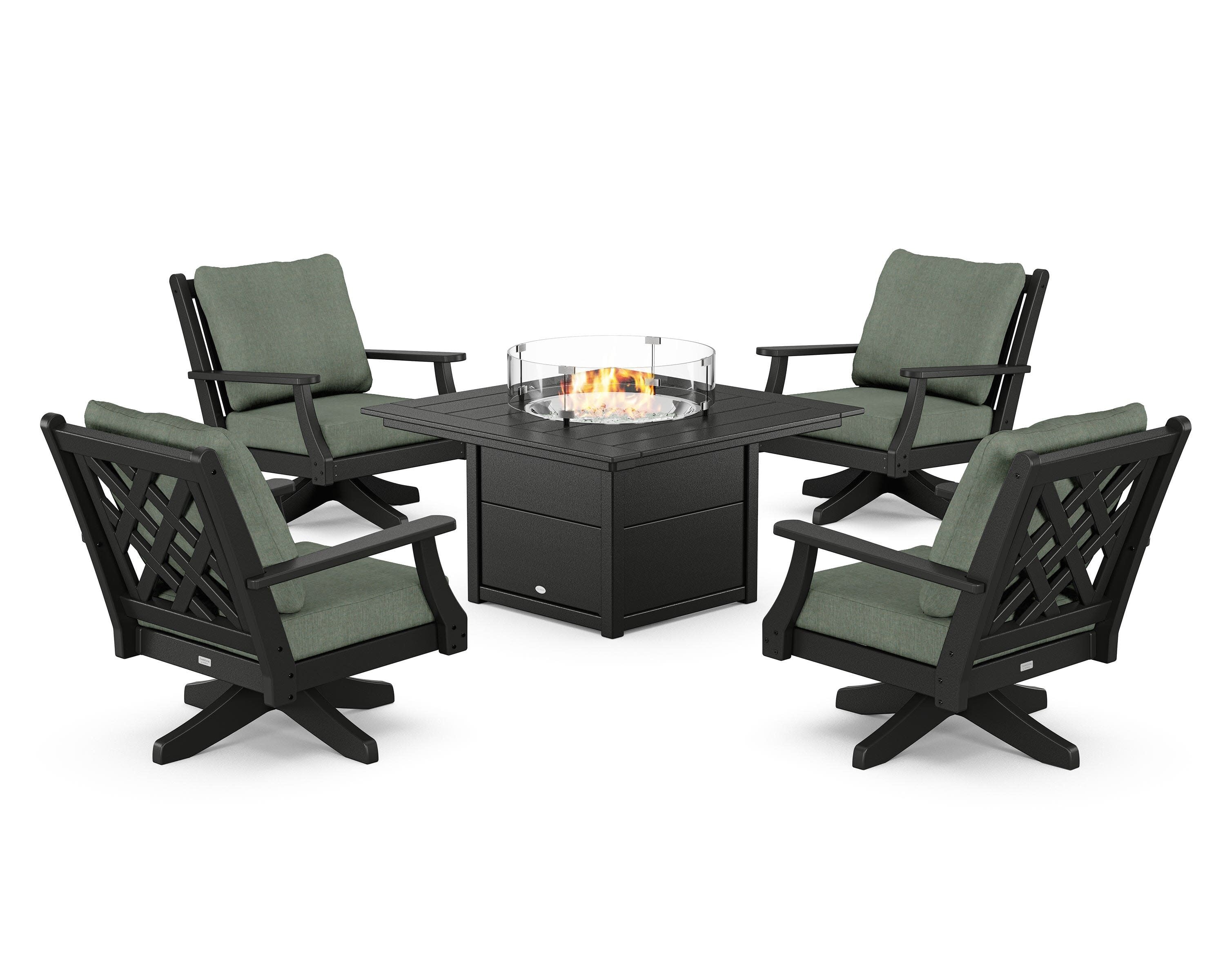 Wovendale 5-Piece Deep Seating Swivel Conversation Set with Fire Pit Table in Black / Cast Sage