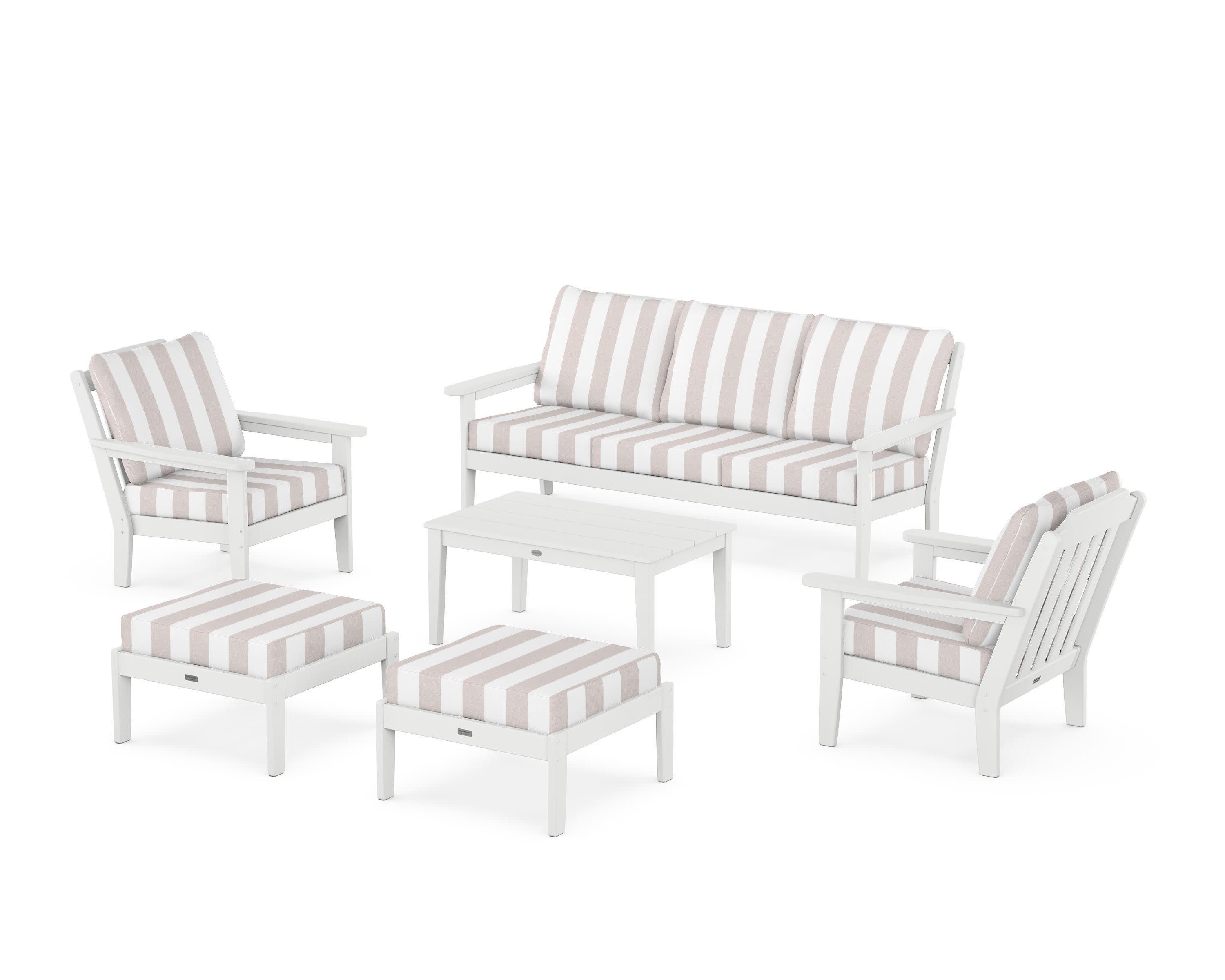 Cottage 6-Piece Lounge Sofa Set in White / Cabana Stripe Dune Burlap