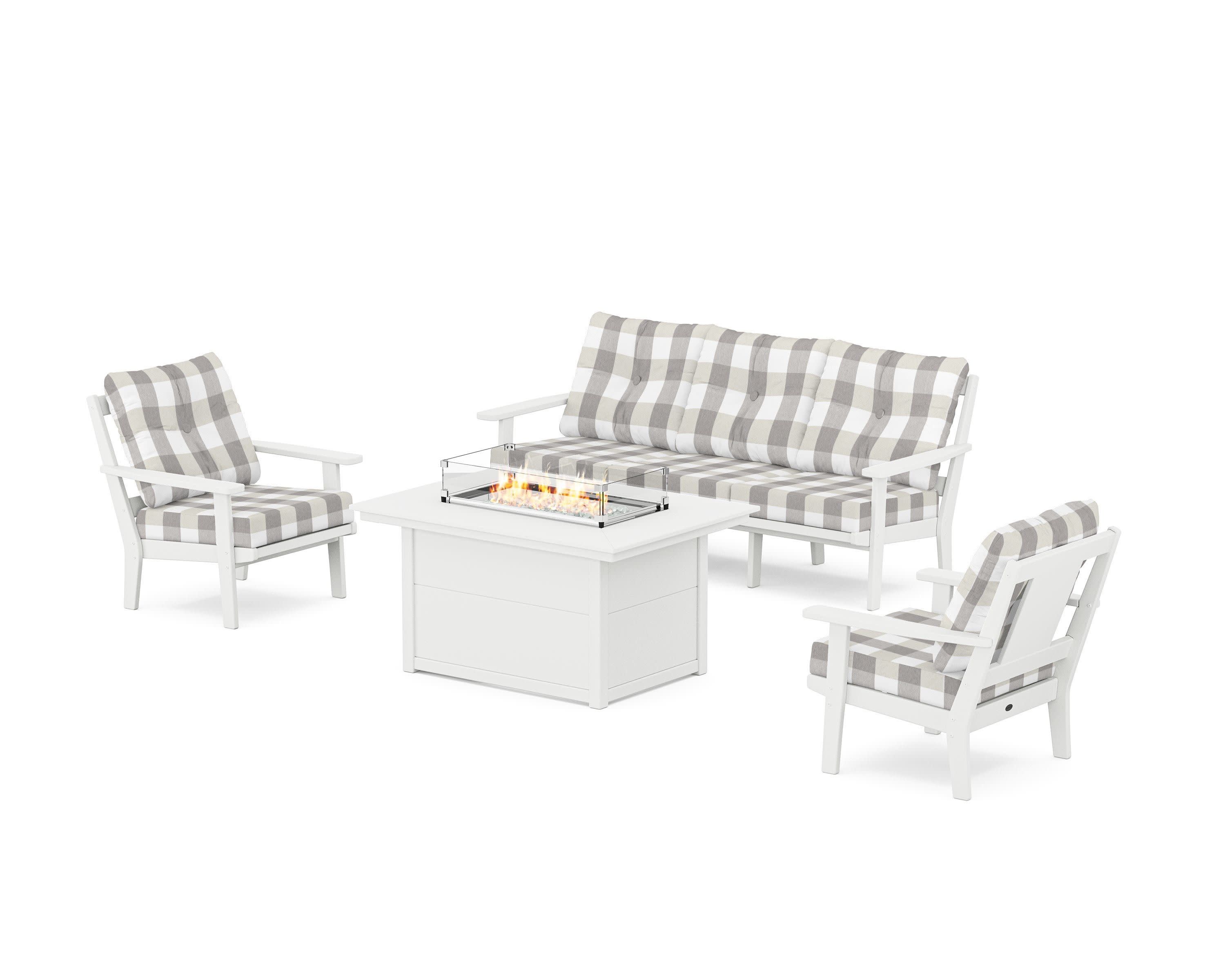 Prairie Deep Seating Fire Pit Table Set in White / Buffalo Plaid Grey Mist