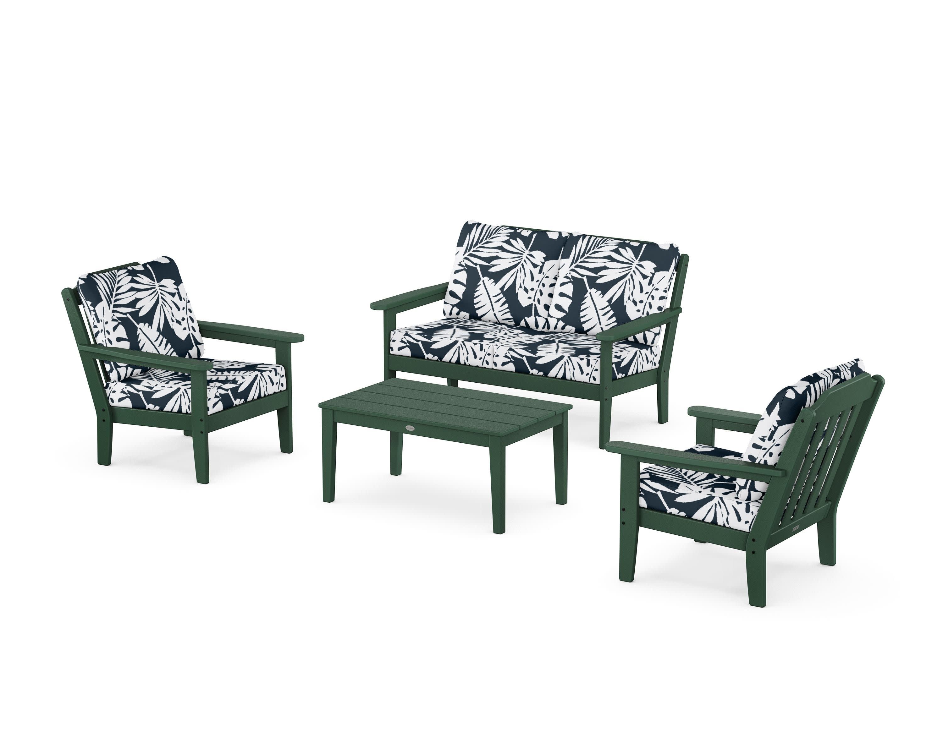 Cottage 4-Piece Deep Seating Set with Loveseat in Green / Leaf Marine Indigo