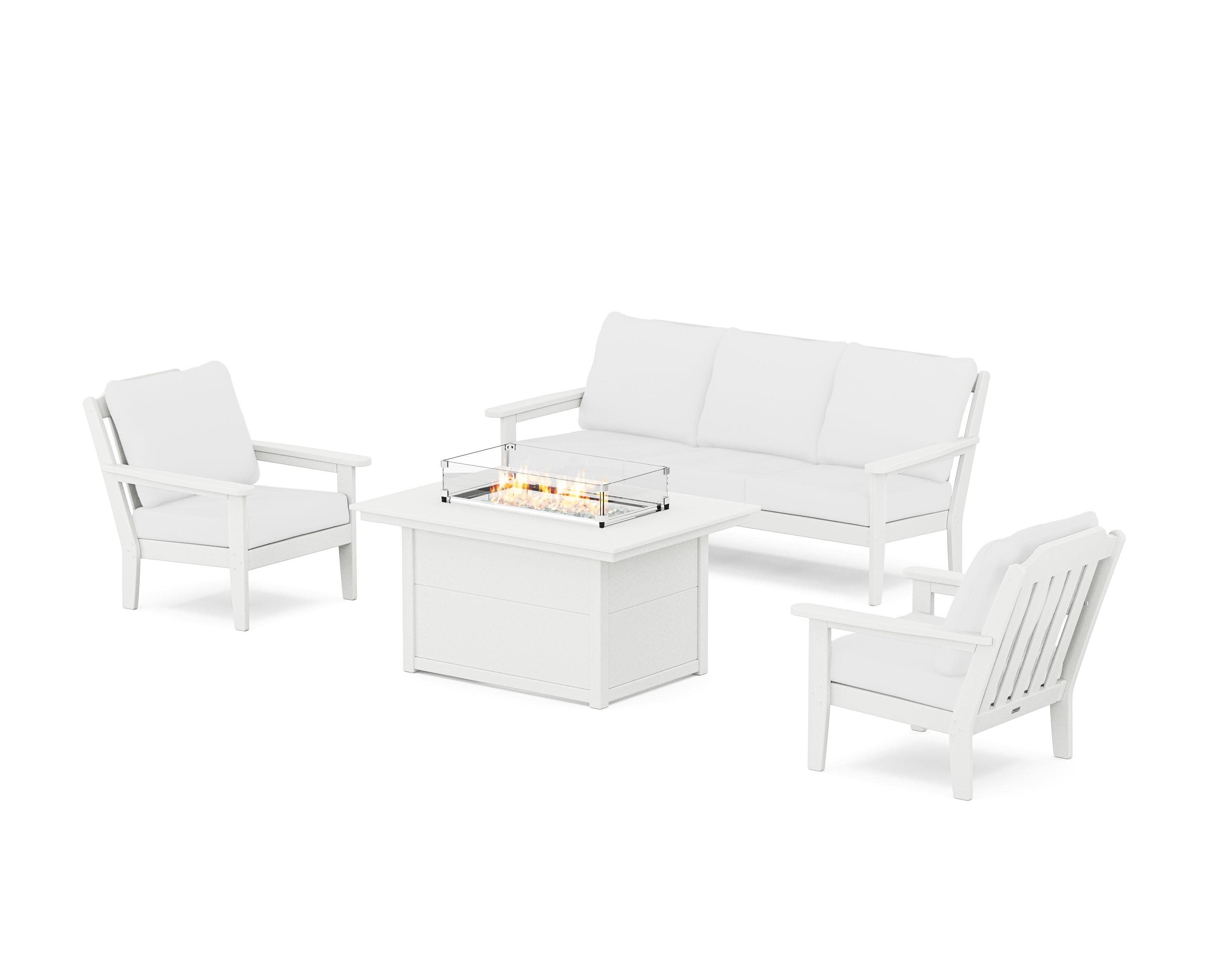 Cottage Deep Seating Fire Pit Table Set in White / Natural