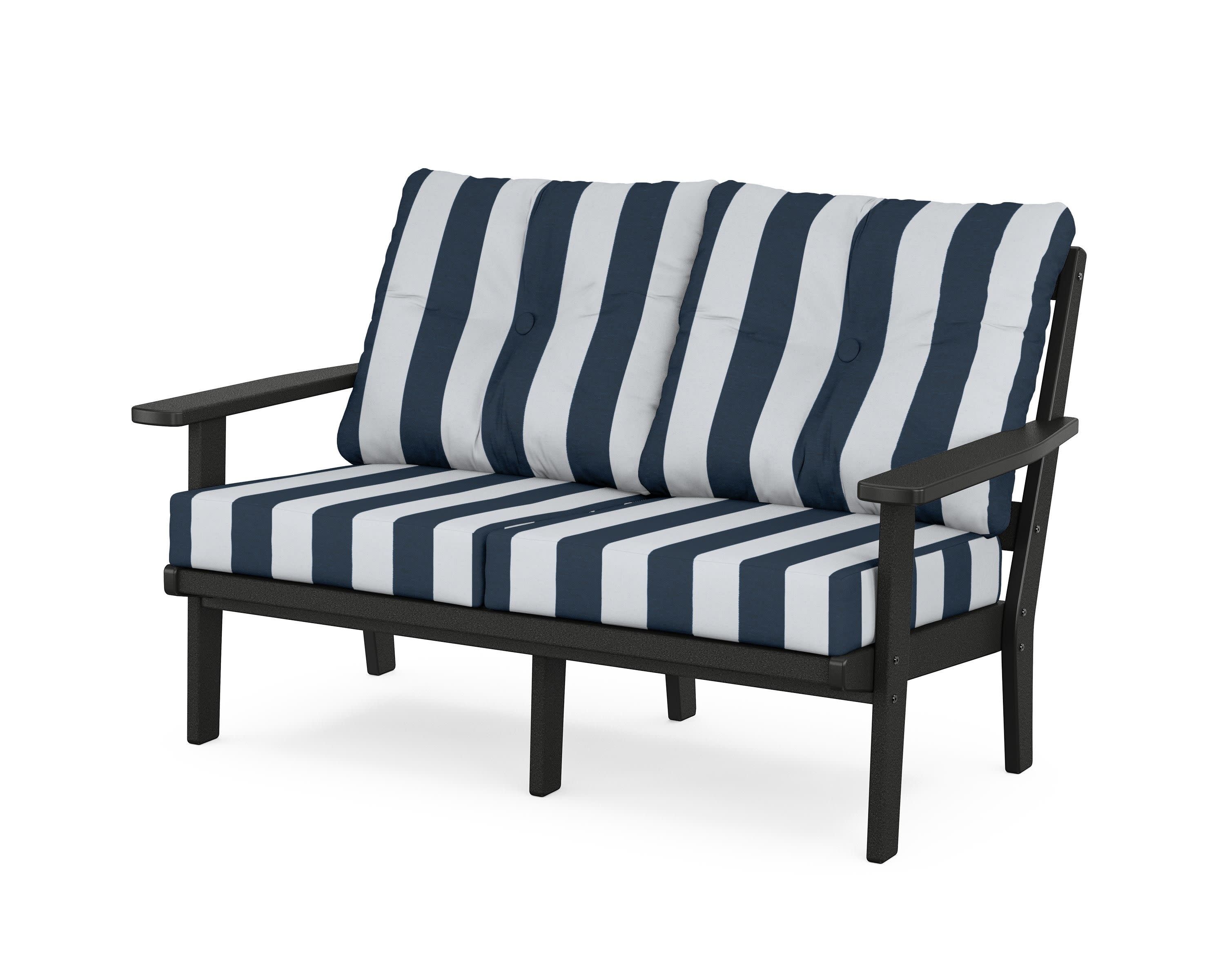 Prairie Deep SeatingLoveseat in Black / Cabana Stripe Marine Indigo