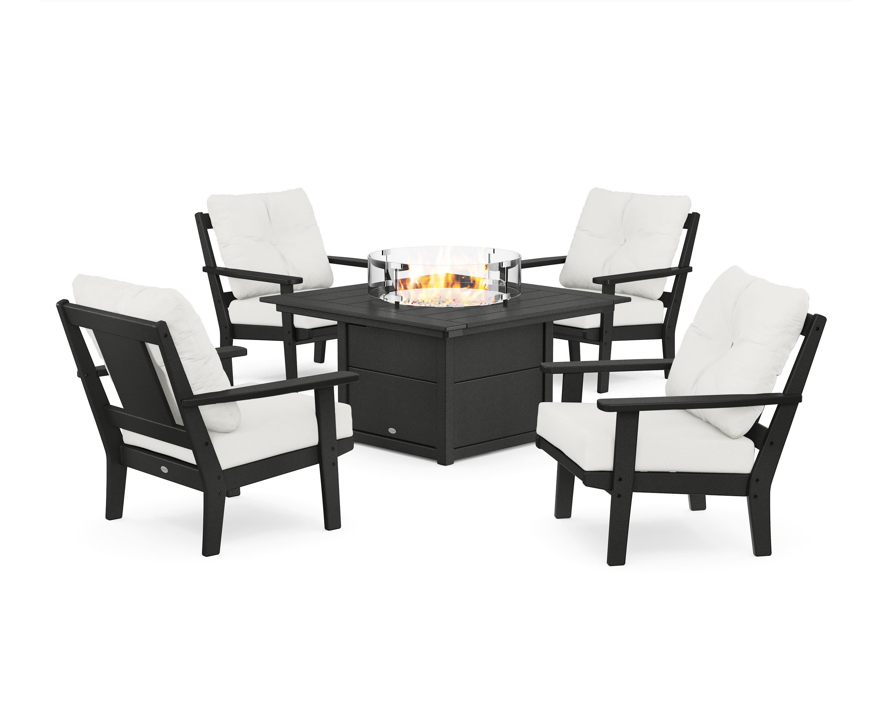 Prairie 5-Piece Deep Seating Set with Fire Pit Table in Black / Natural Linen