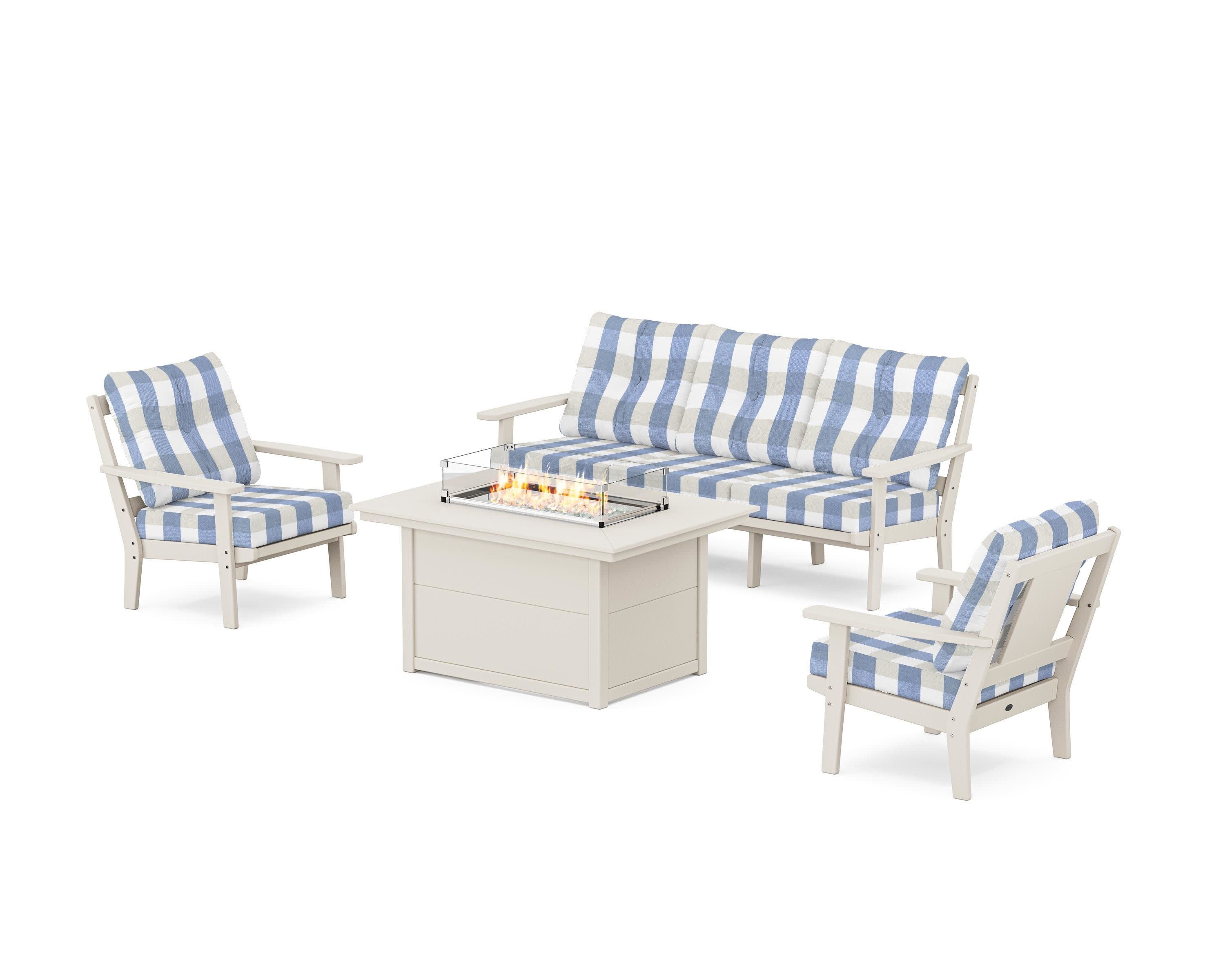 Prairie Deep Seating Fire Pit Table Set in Sand / Buffalo Plaid Sky Blue