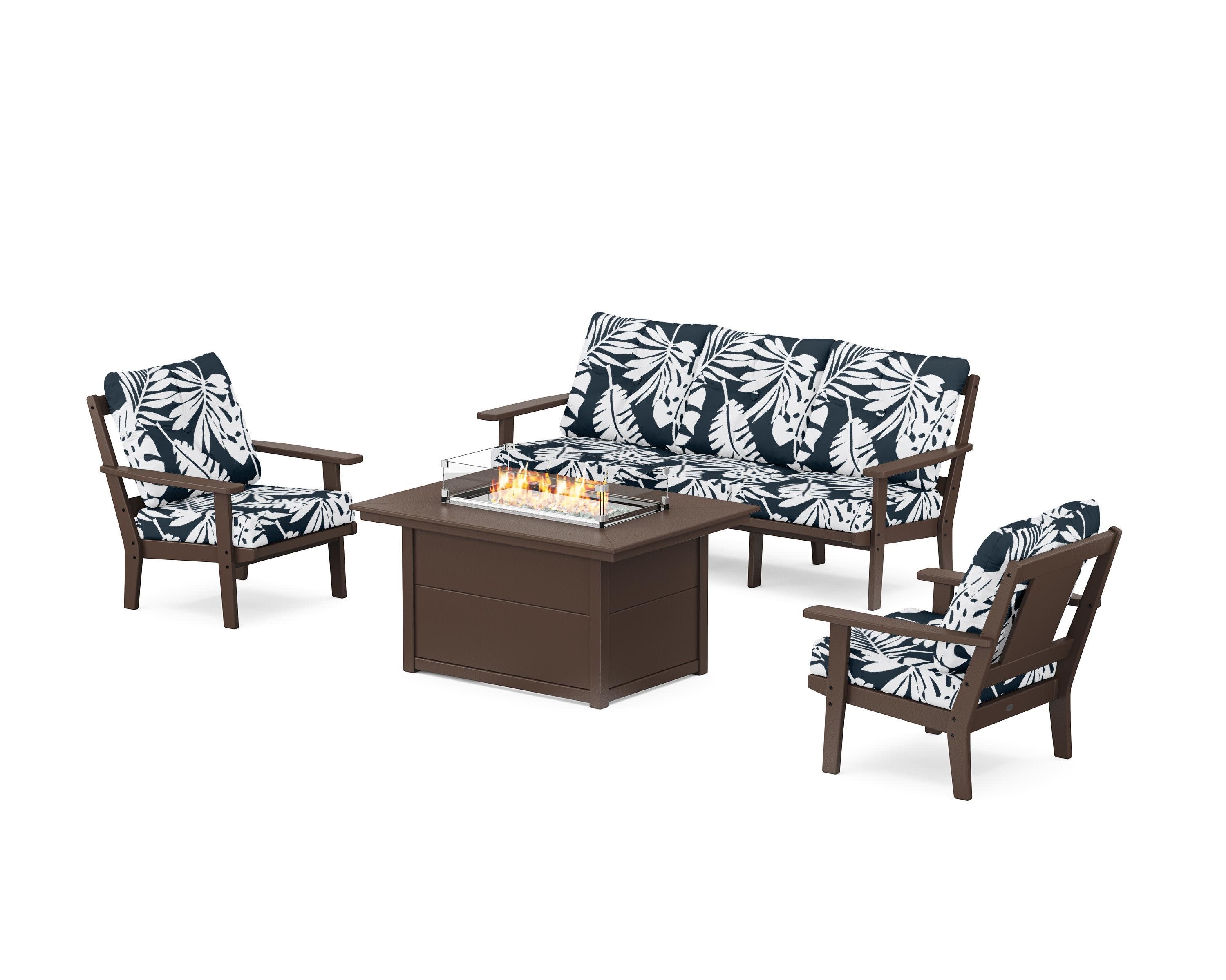 Prairie Deep Seating Fire Pit Table Set in Mahogany / Leaf Marine Indigo