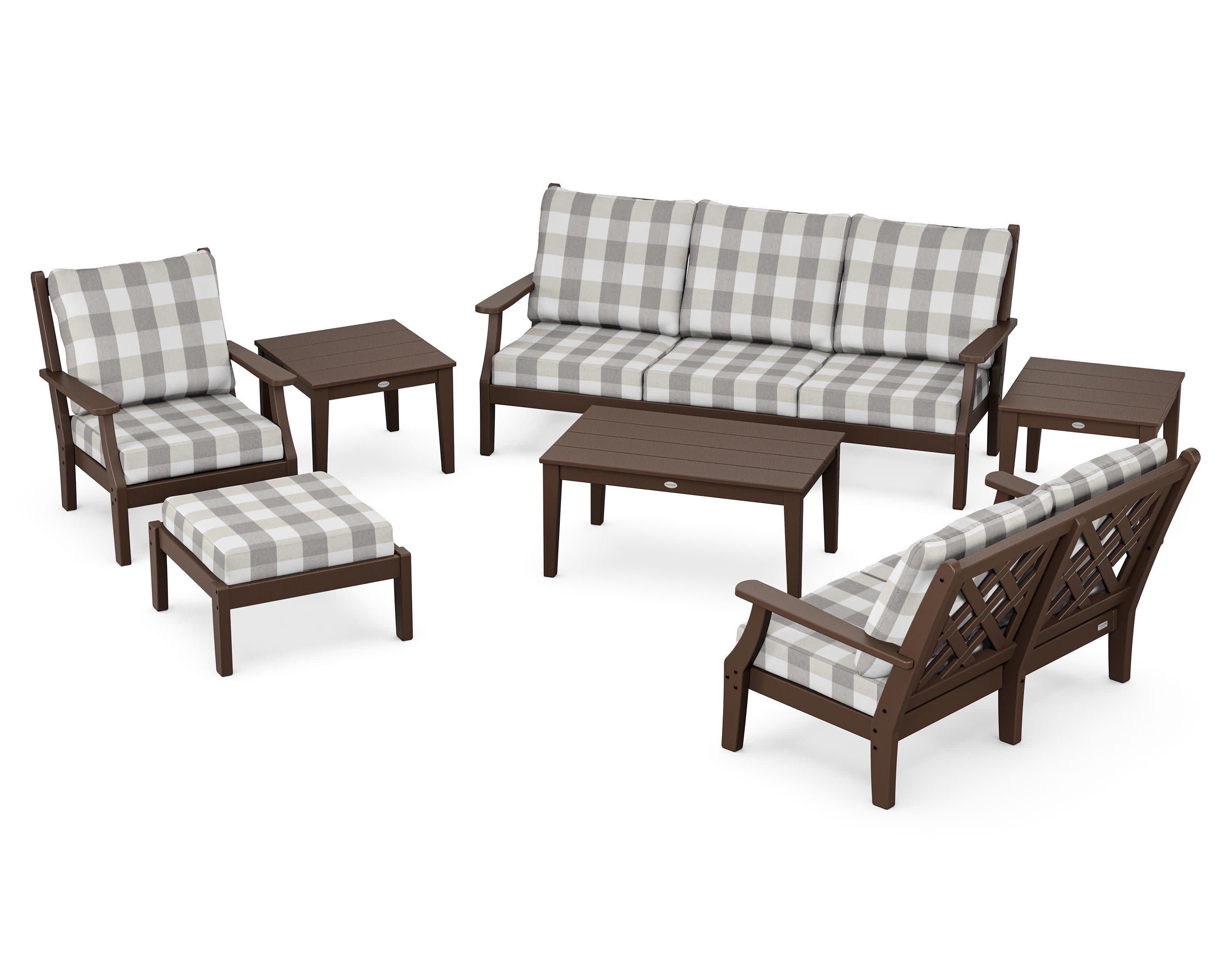 Wovendale 7-Piece Deep Seating Set in Mahogany / Buffalo Plaid Grey Mist