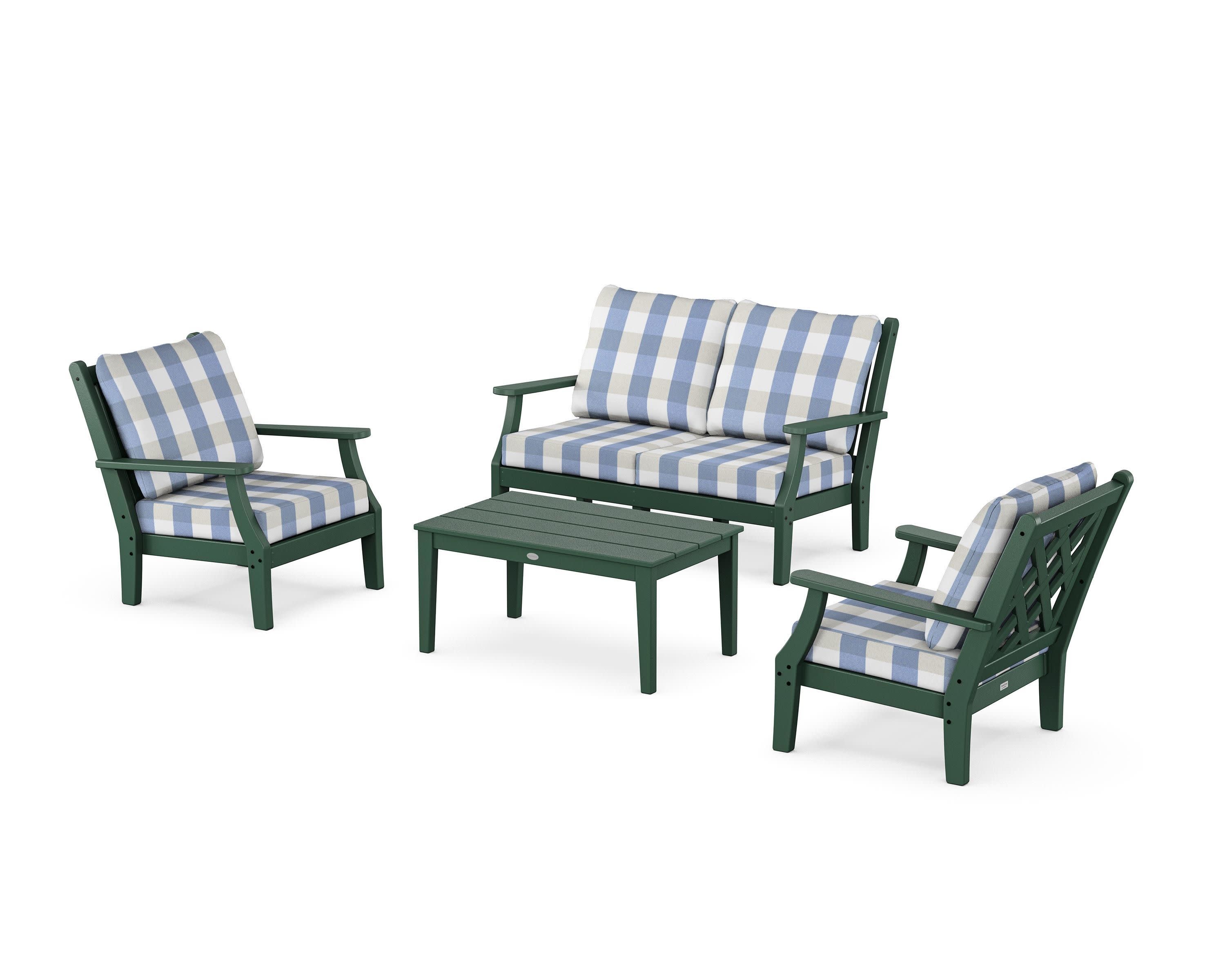 Wovendale 4-Piece Deep Seating Set with Loveseat in Green / Buffalo Plaid Sky Blue