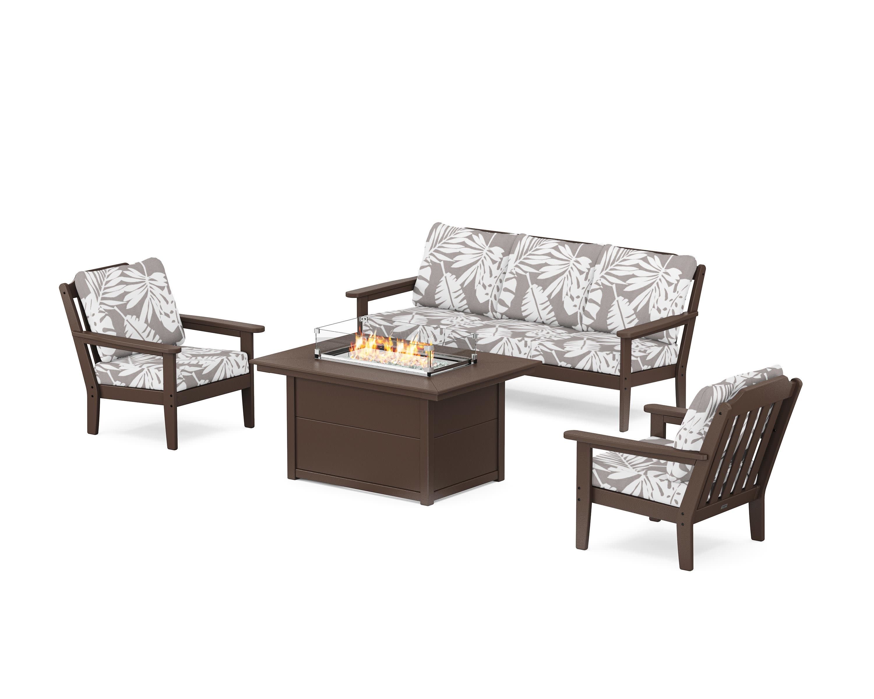 Cottage Deep Seating Fire Pit Table Set in Mahogany / Leaf Grey Mist