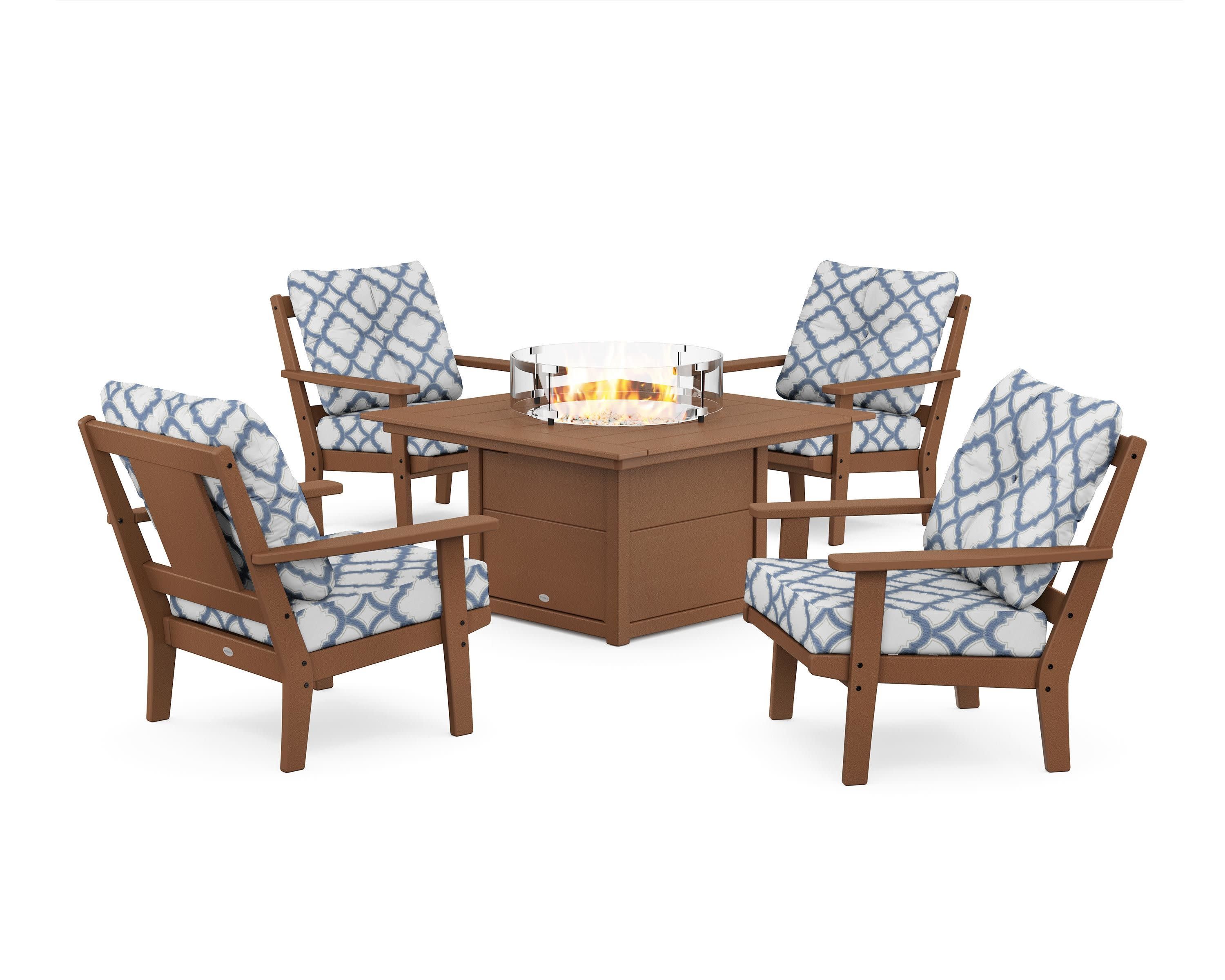 Prairie 5-Piece Deep Seating Set with Fire Pit Table in Teak / Trellis Sky Blue