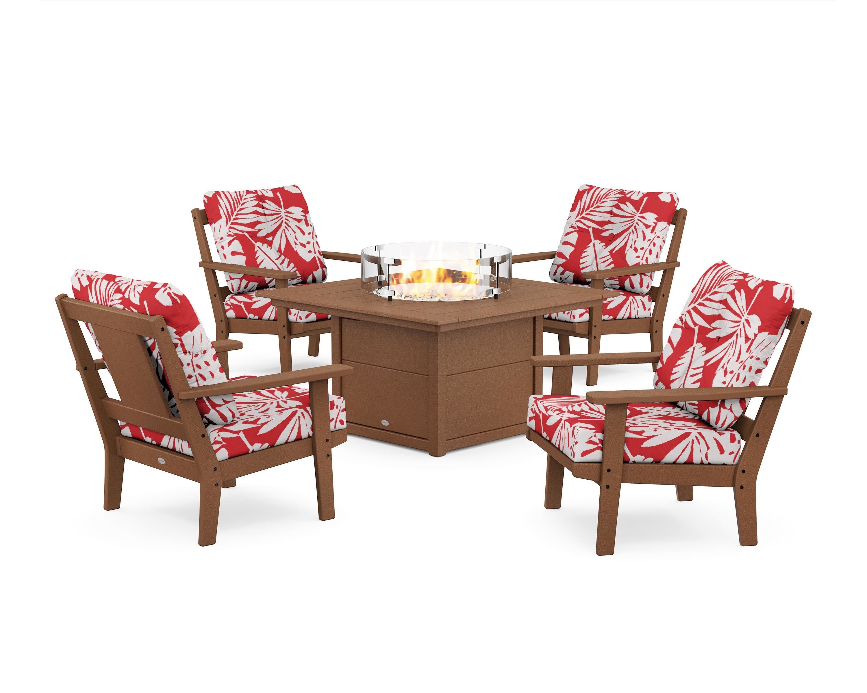 Prairie 5-Piece Deep Seating Set with Fire Pit Table in Teak / Leaf Crimson