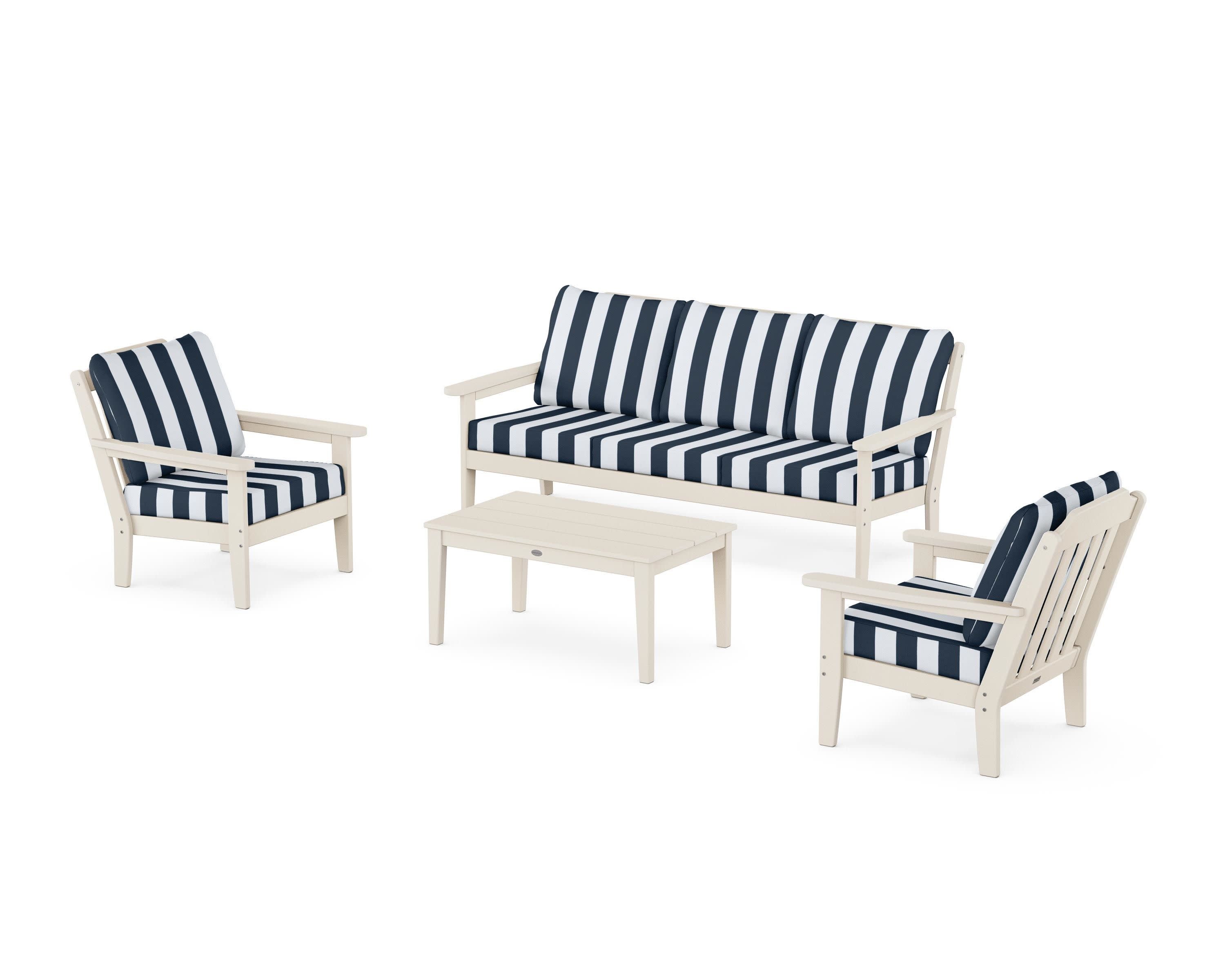 Cottage 4-Piece Deep Seating Set with Sofa in Sand / Cabana Stripe Marine Indigo