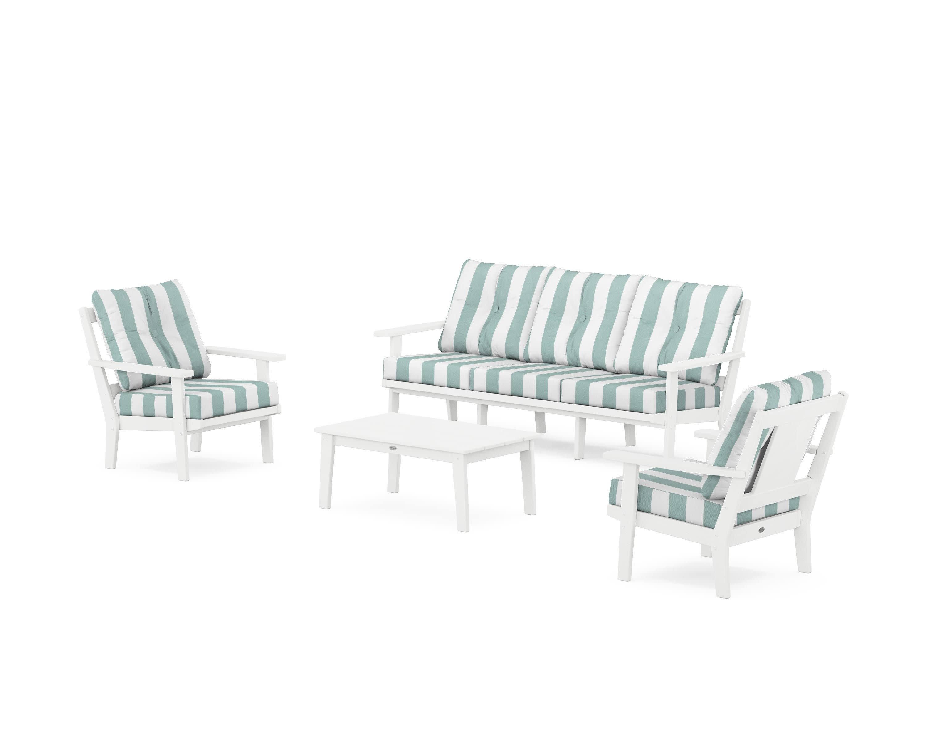 Prairie 4-Piece Deep Seating Set with Sofa in White / Cabana Stripe Glacier Spa
