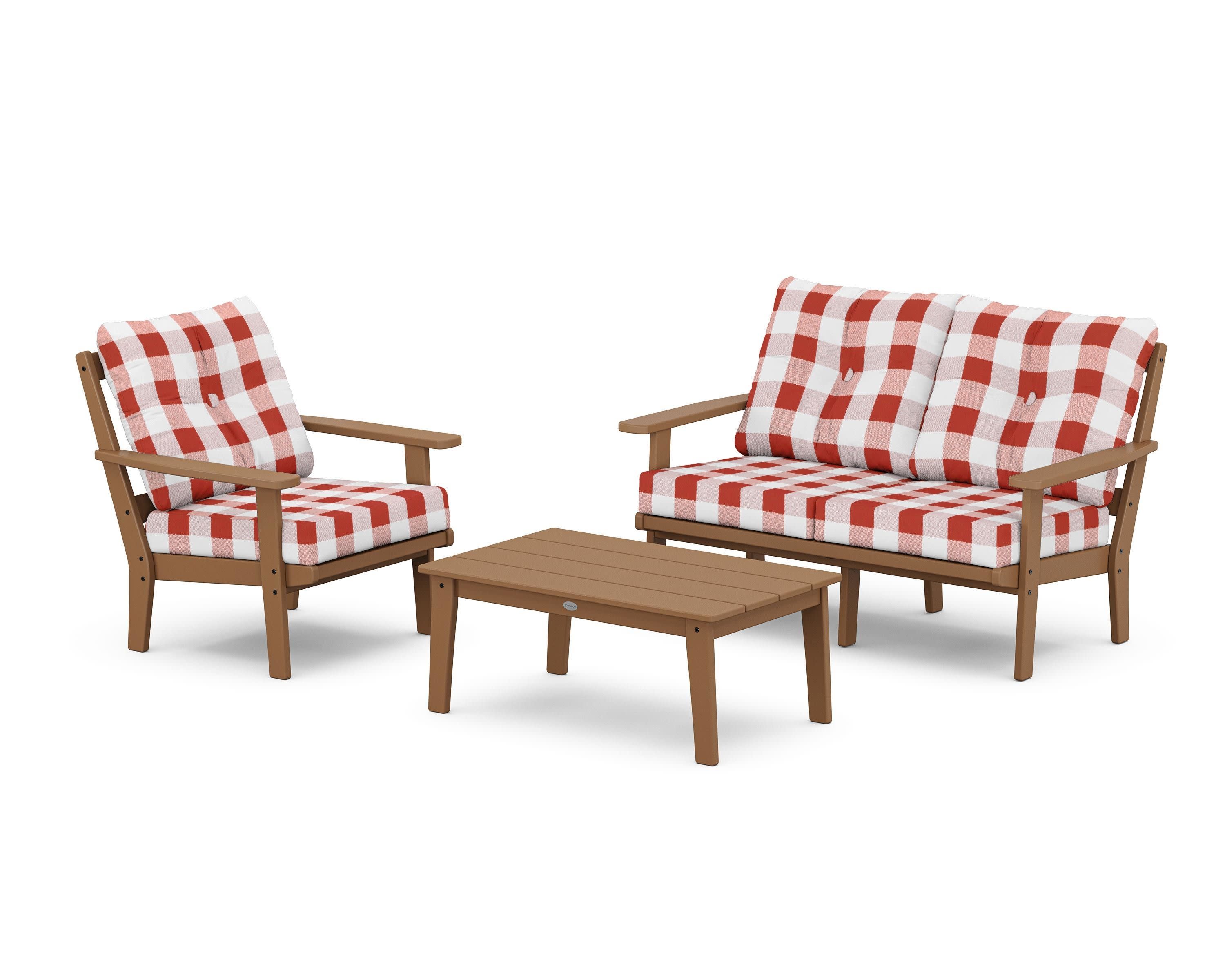 Prairie 3-Piece Deep Seating Set with Loveseat in Teak / Buffalo Plaid Crimson