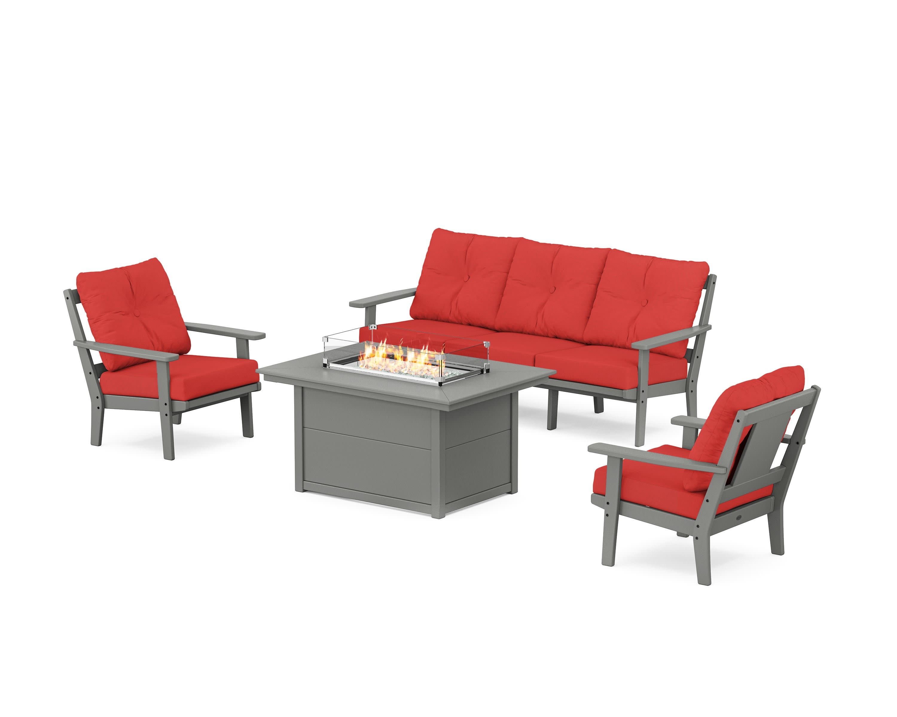 Prairie Deep Seating Fire Pit Table Set in Slate Grey / Crimson Linen