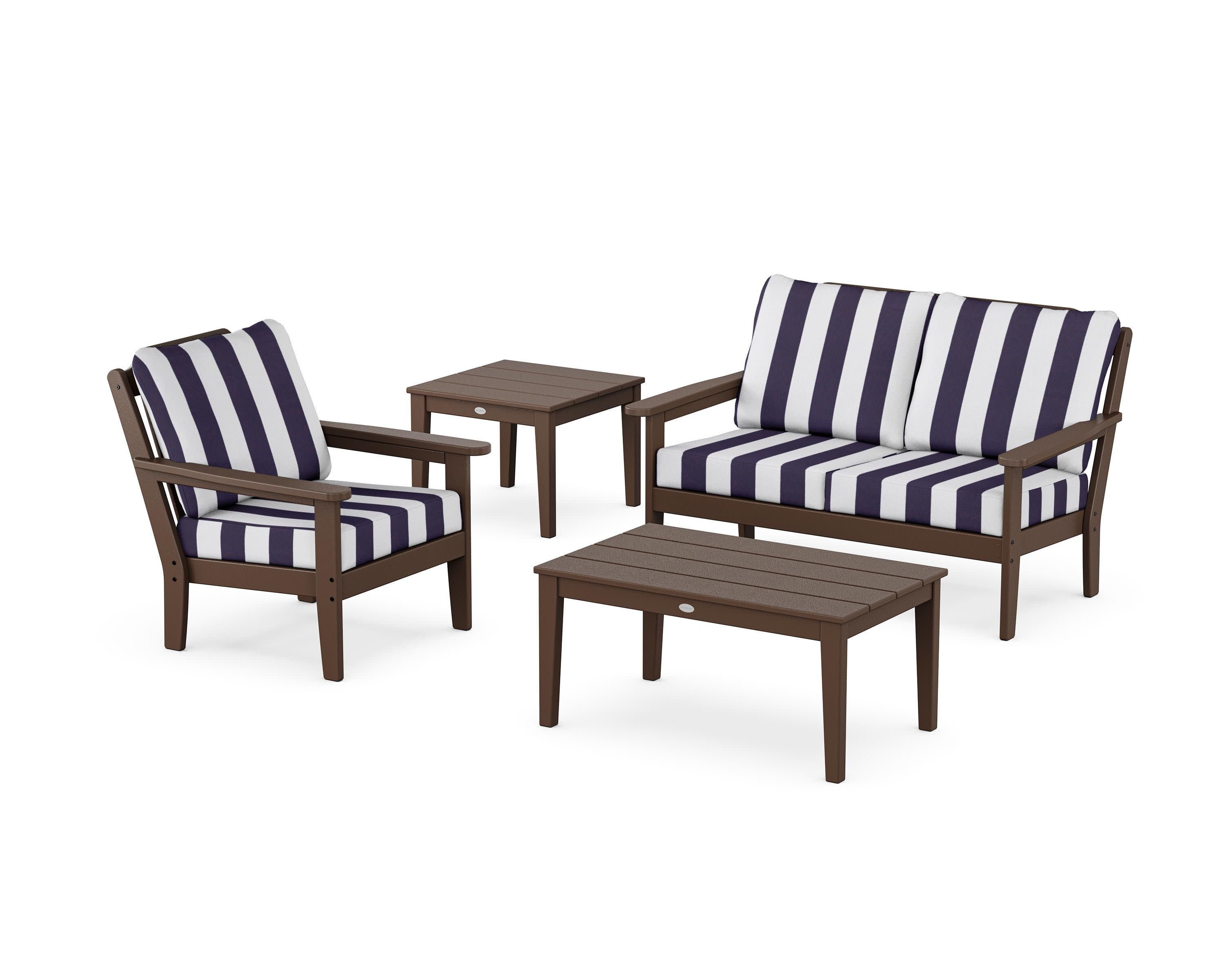 Wovendale 4-Piece Deep Seating Set in Mahogany / Cabana Stripe Navy