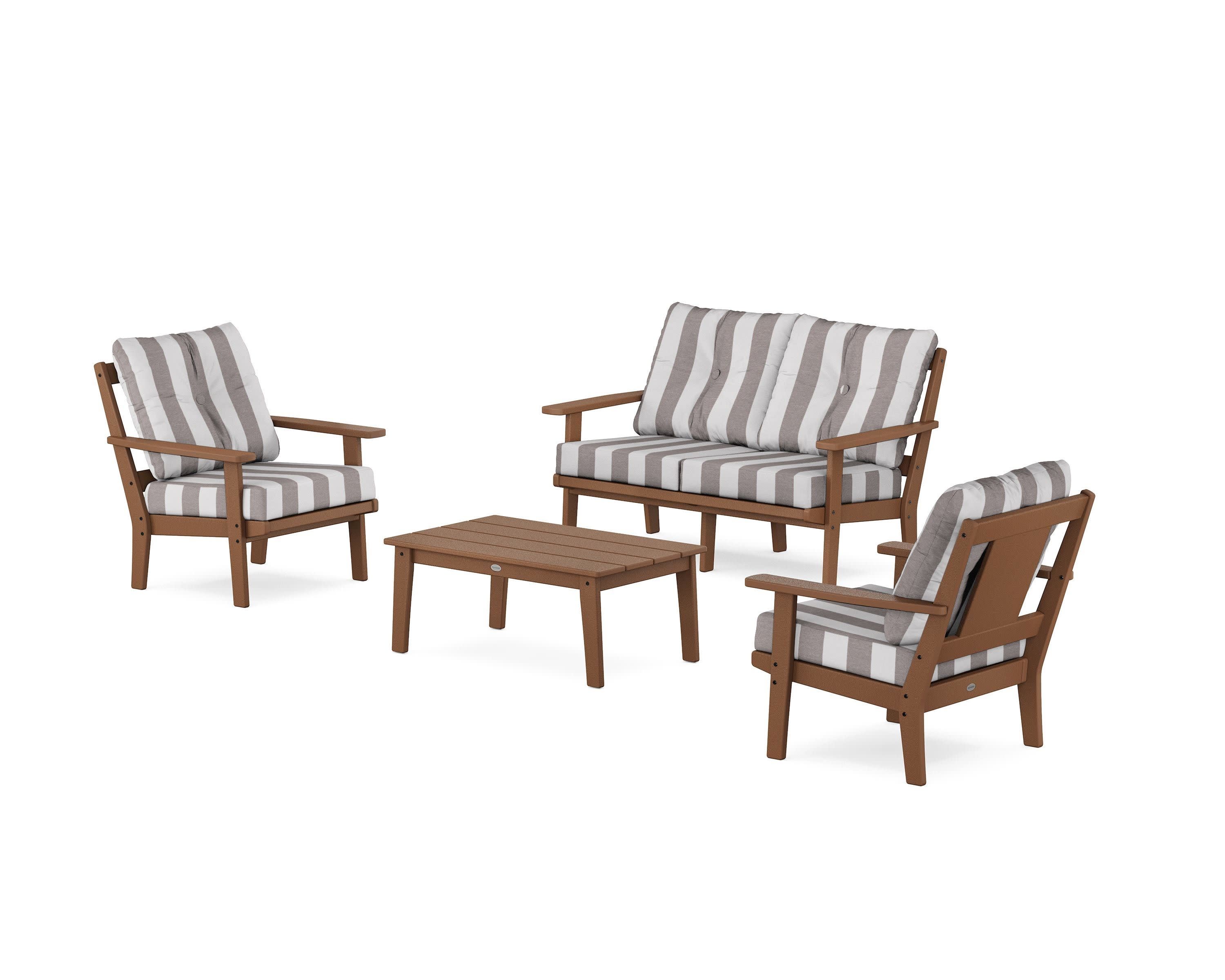 Prairie 4-Piece Deep Seating Set with Loveseat in Teak / Cabana Stripe Grey Mist