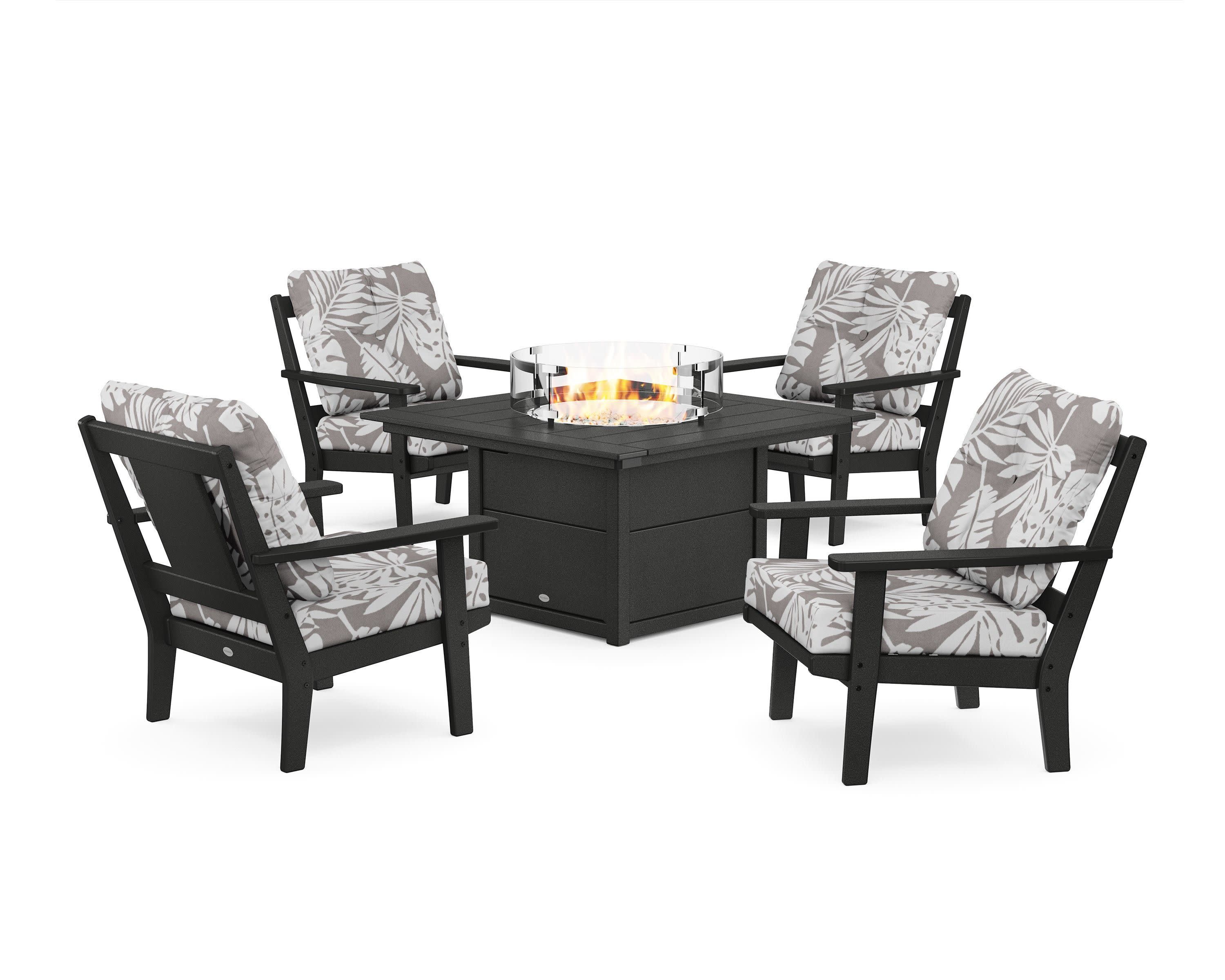 Prairie 5-Piece Deep Seating Set with Fire Pit Table in Black / Leaf Grey Mist