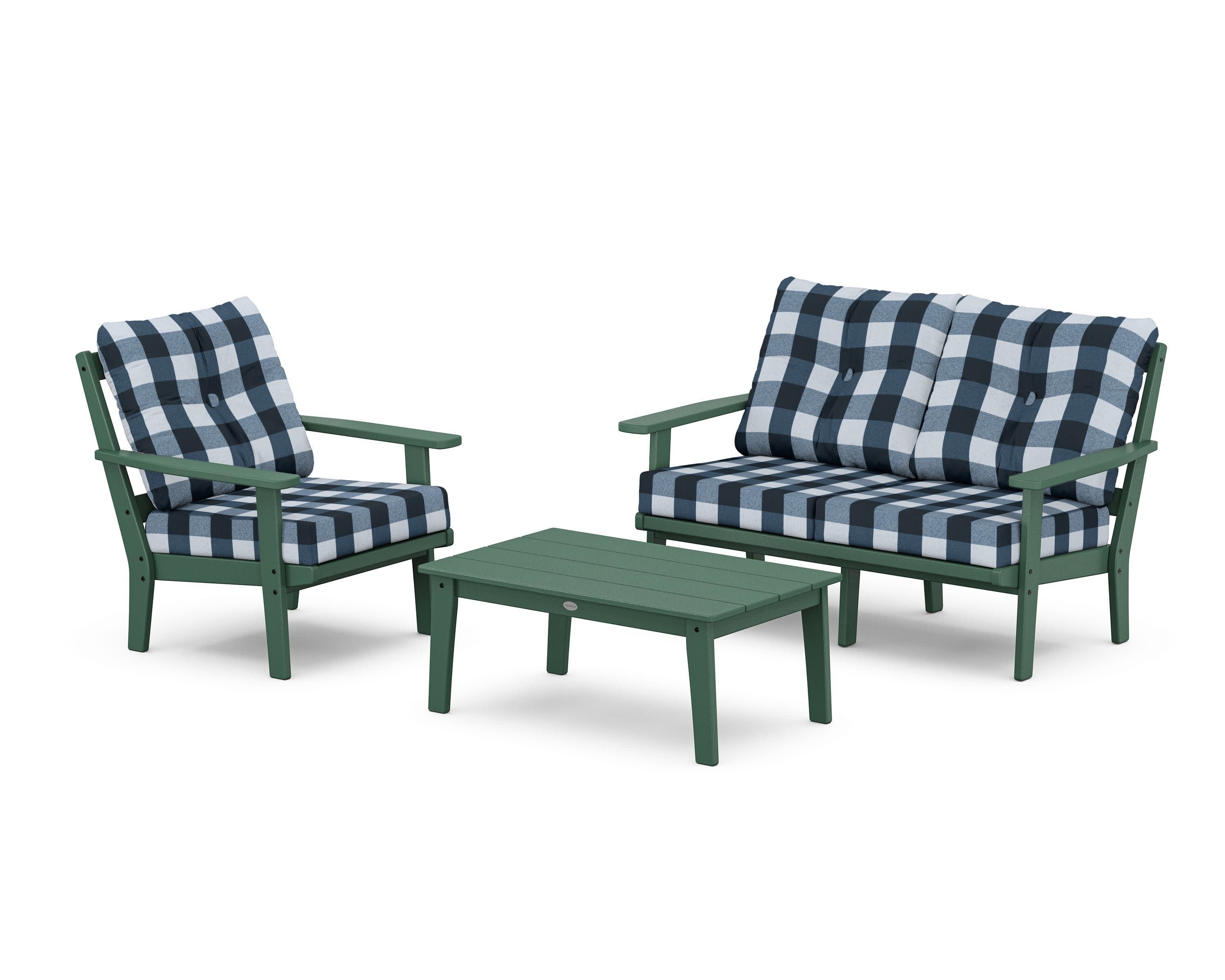 Prairie 3-Piece Deep Seating Set with Loveseat in Green / Buffalo Plaid Marine Indigo