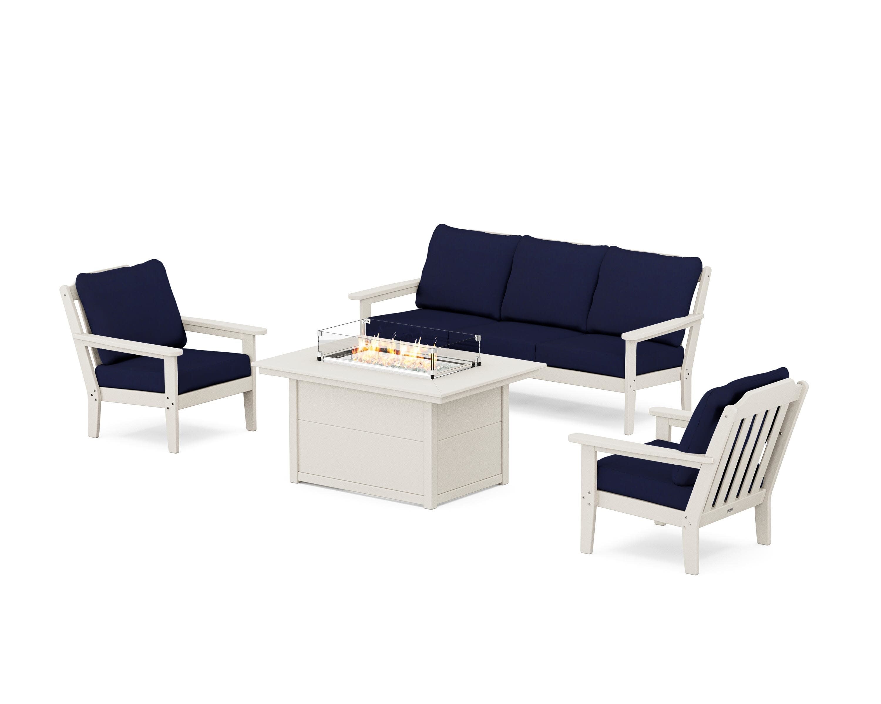 Cottage Deep Seating Fire Pit Table Set in Sand / Navy