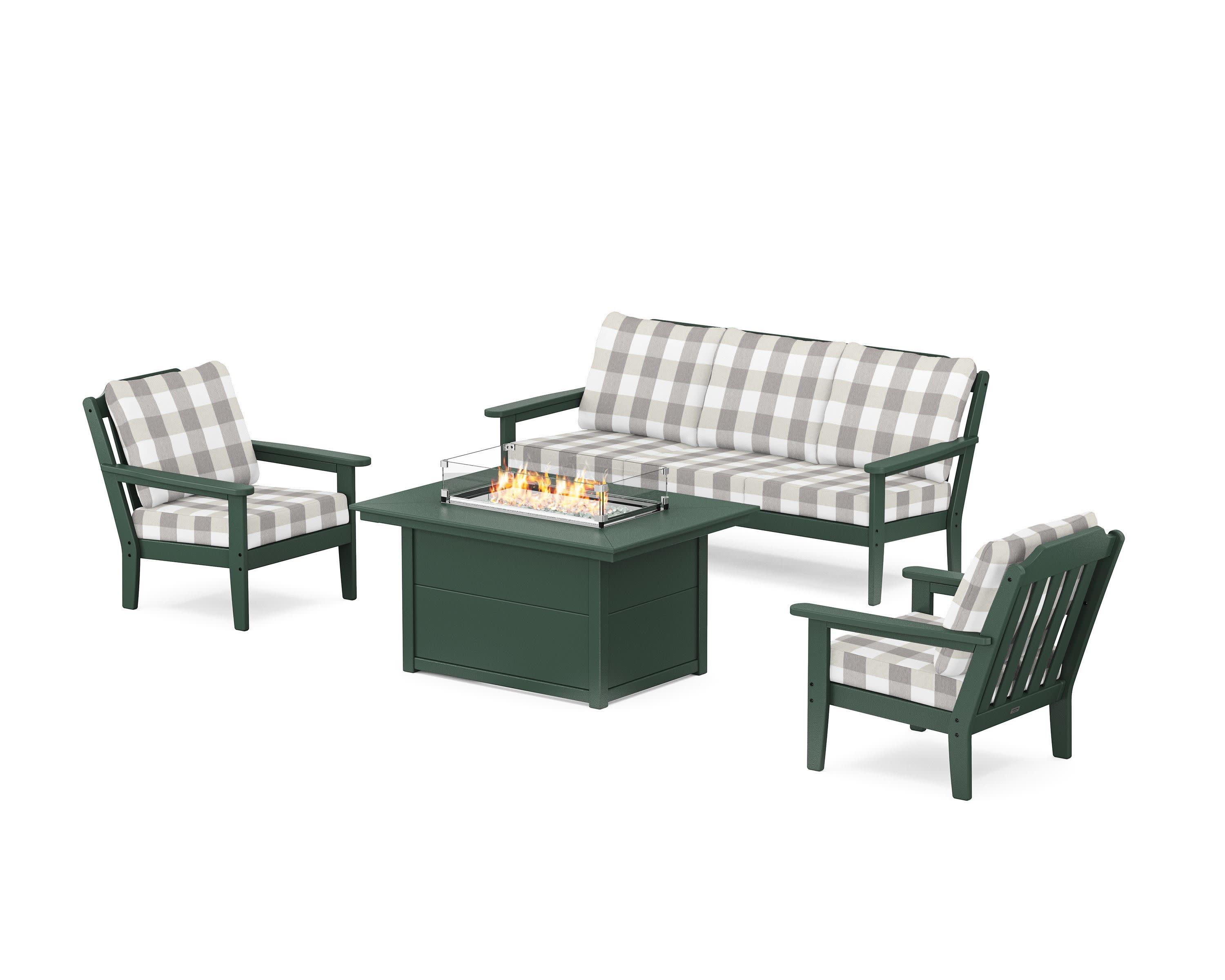 Cottage Deep Seating Fire Pit Table Set in Green / Buffalo Plaid Grey Mist