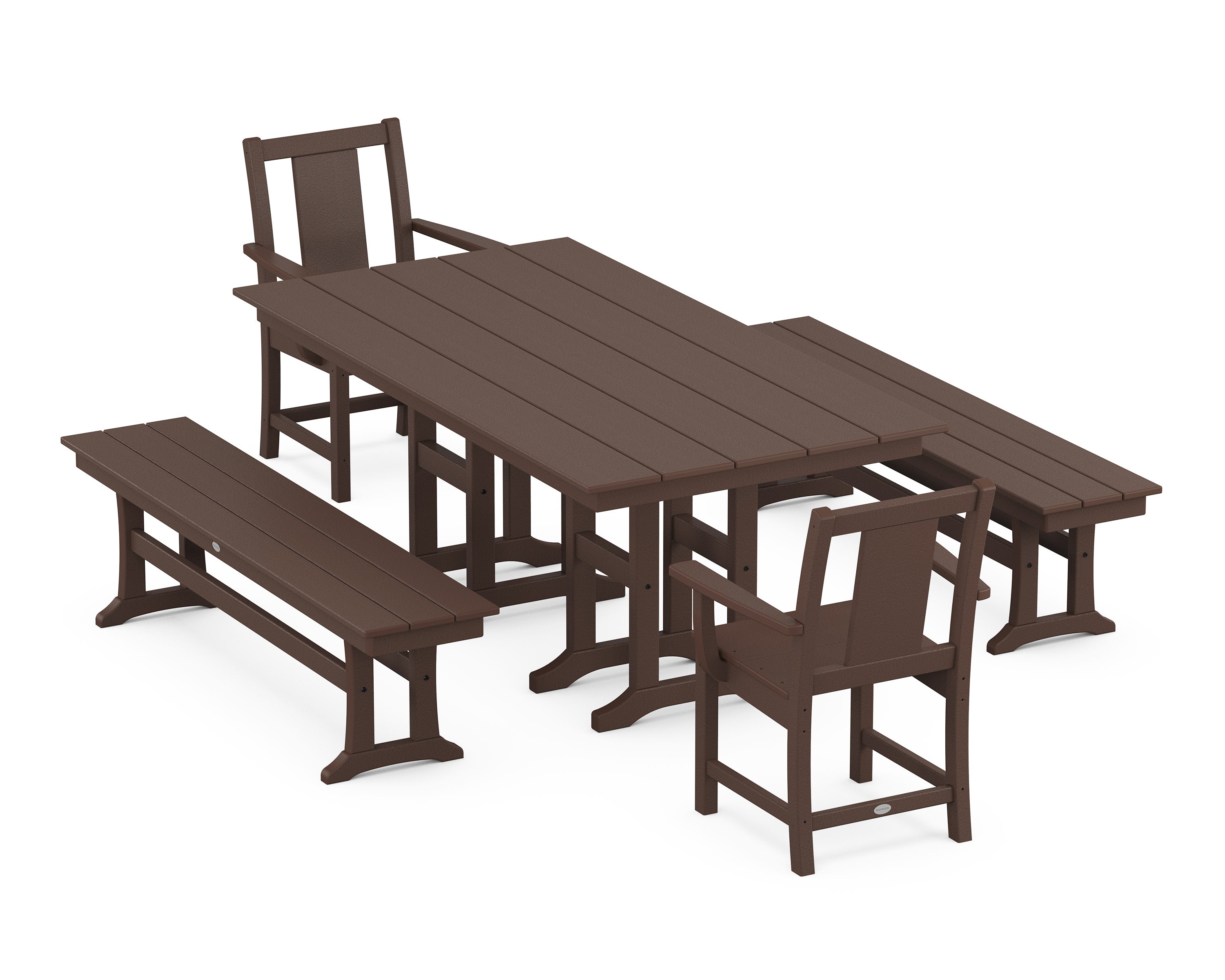 Prairie 5-Piece Farmhouse Dining Set with Benches in Mahogany