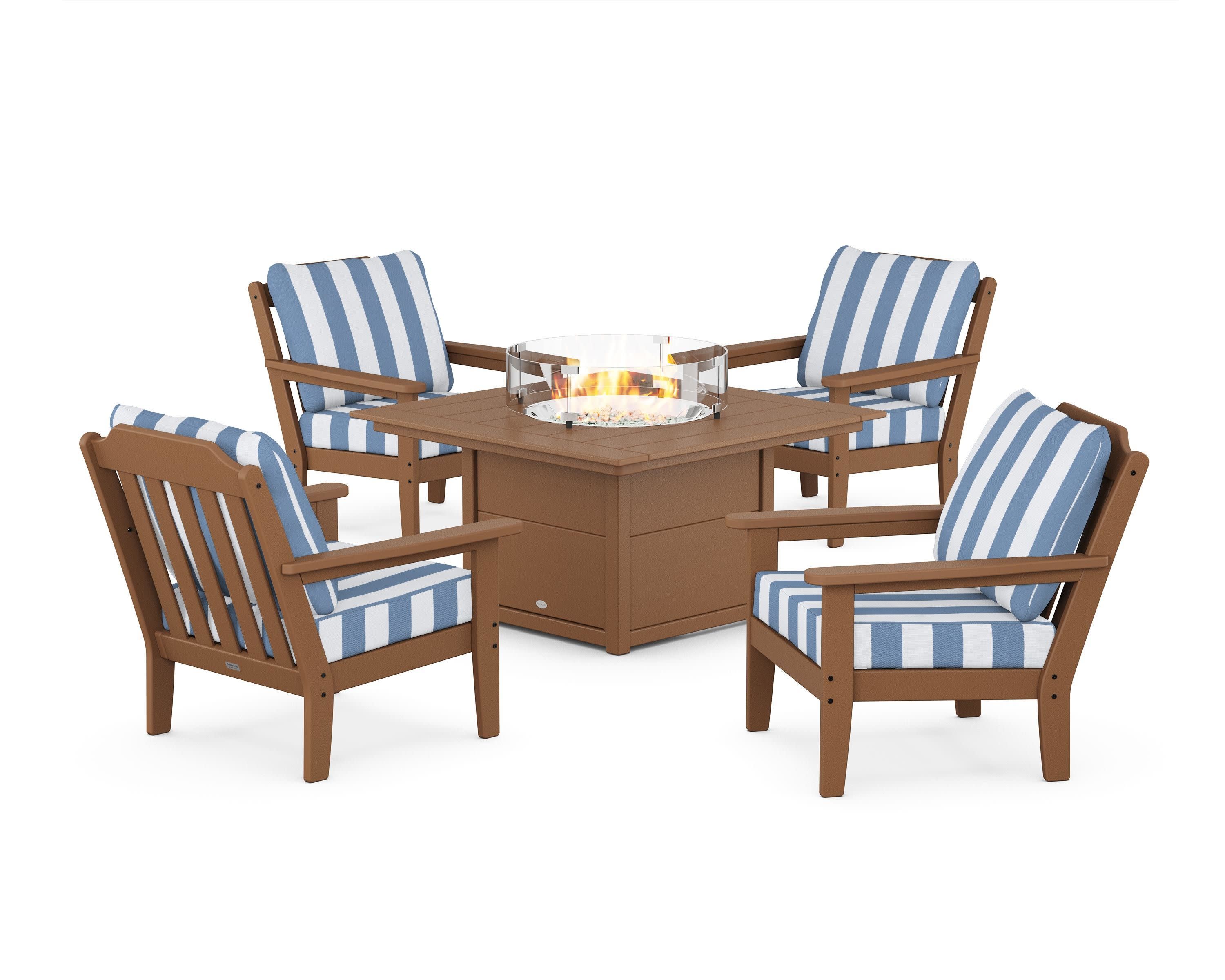 Cottage 5-Piece Deep Seating Set with Fire Pit Table in Teak / Cabana Stripe Sky Blue