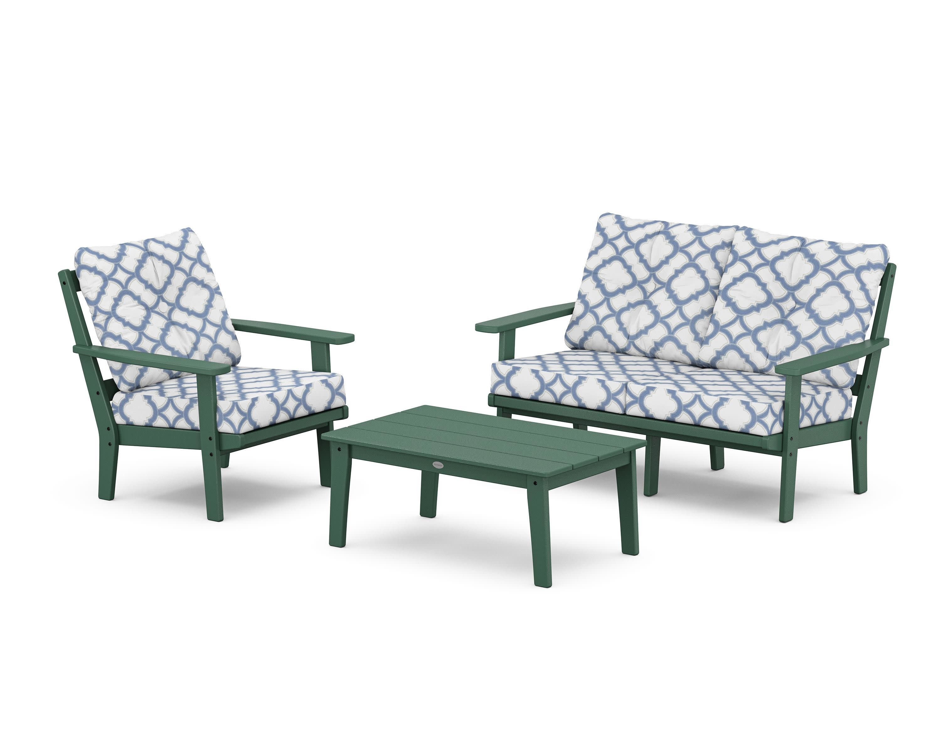 Prairie 3-Piece Deep Seating Set with Loveseat in Green / Trellis Sky Blue