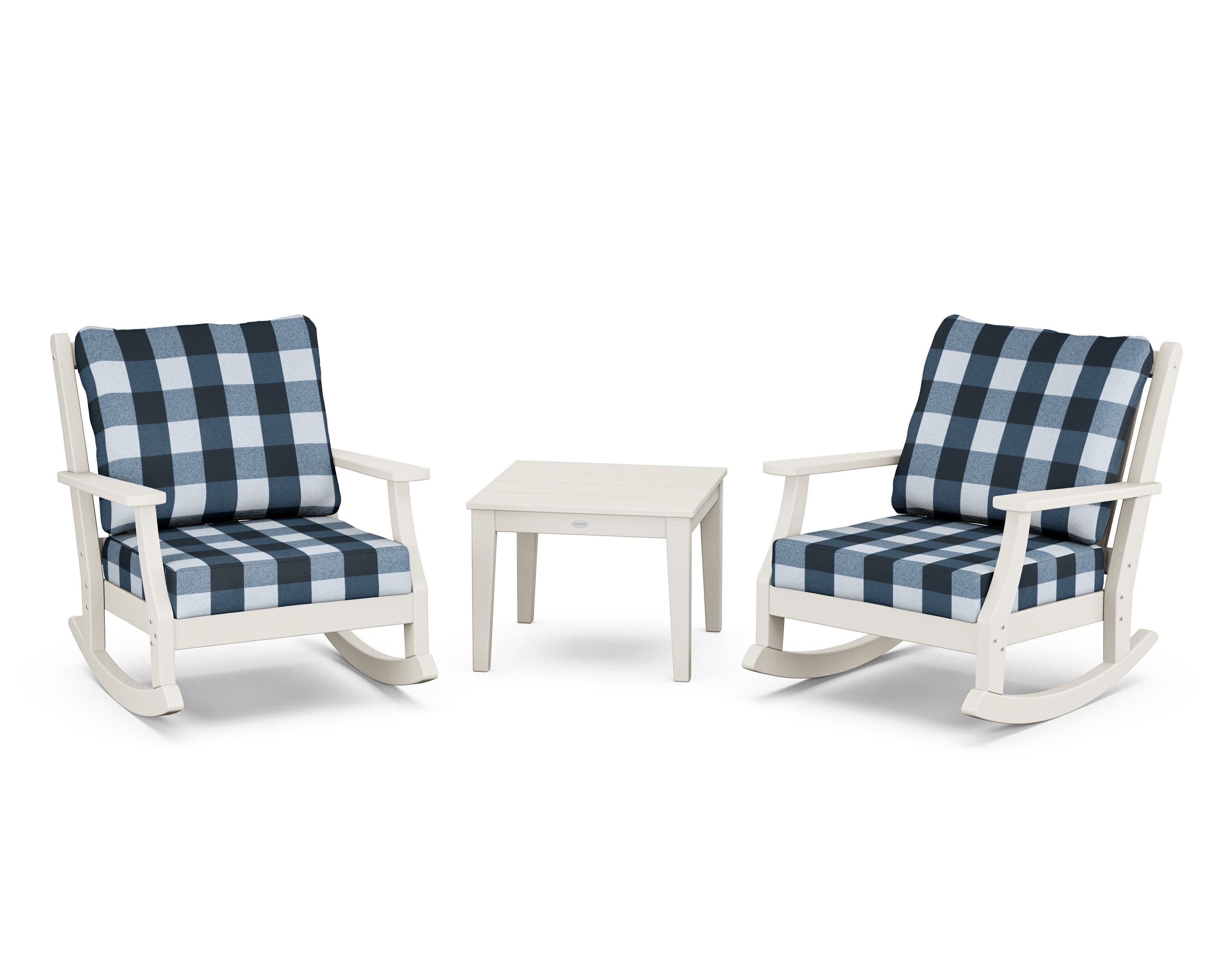 Wovendale 3-Piece Deep Seating Rocker Set in Sand / Buffalo Plaid Marine Indigo