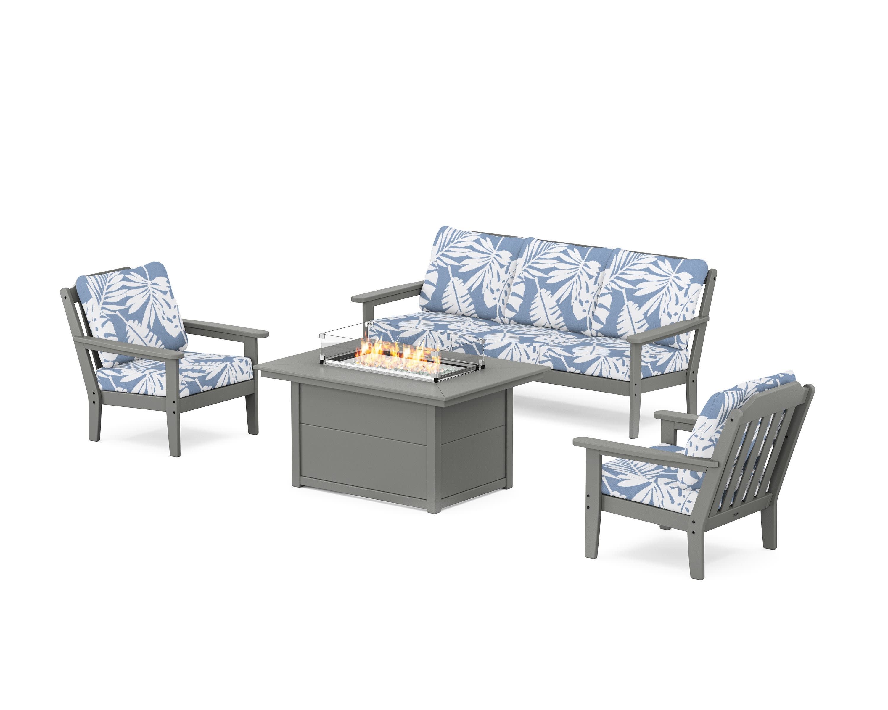 Cottage Deep Seating Fire Pit Table Set in Slate Grey / Leaf Sky Blue