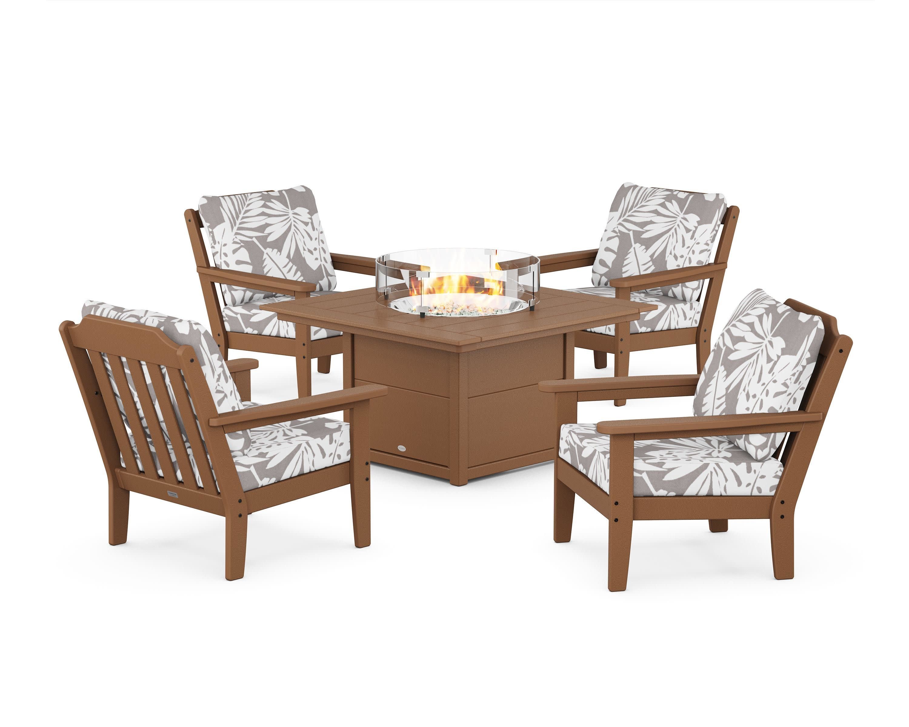 Cottage 5-Piece Deep Seating Set with Fire Pit Table in Teak / Leaf Grey Mist