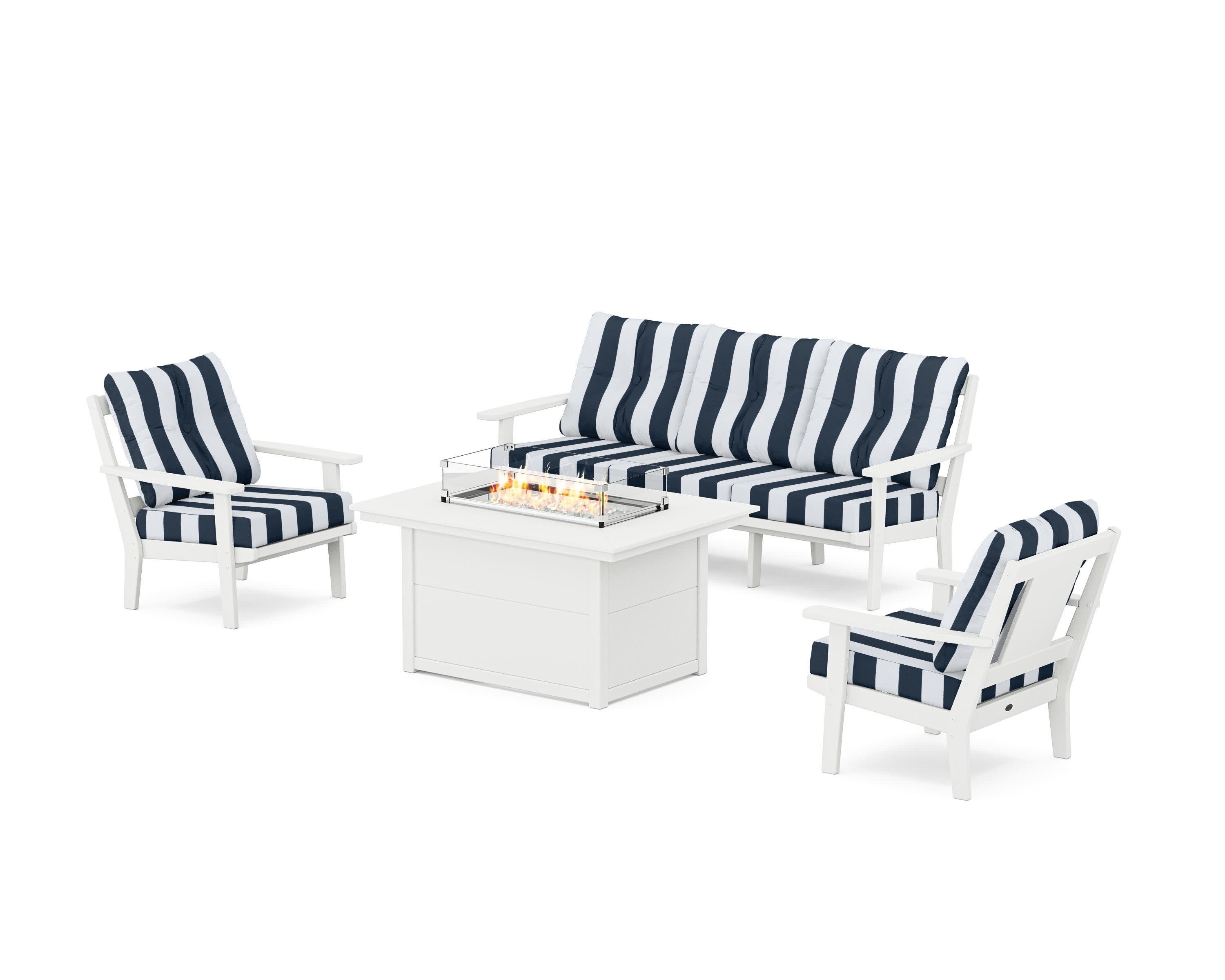 Prairie Deep Seating Fire Pit Table Set in White / Cabana Stripe Marine Indigo